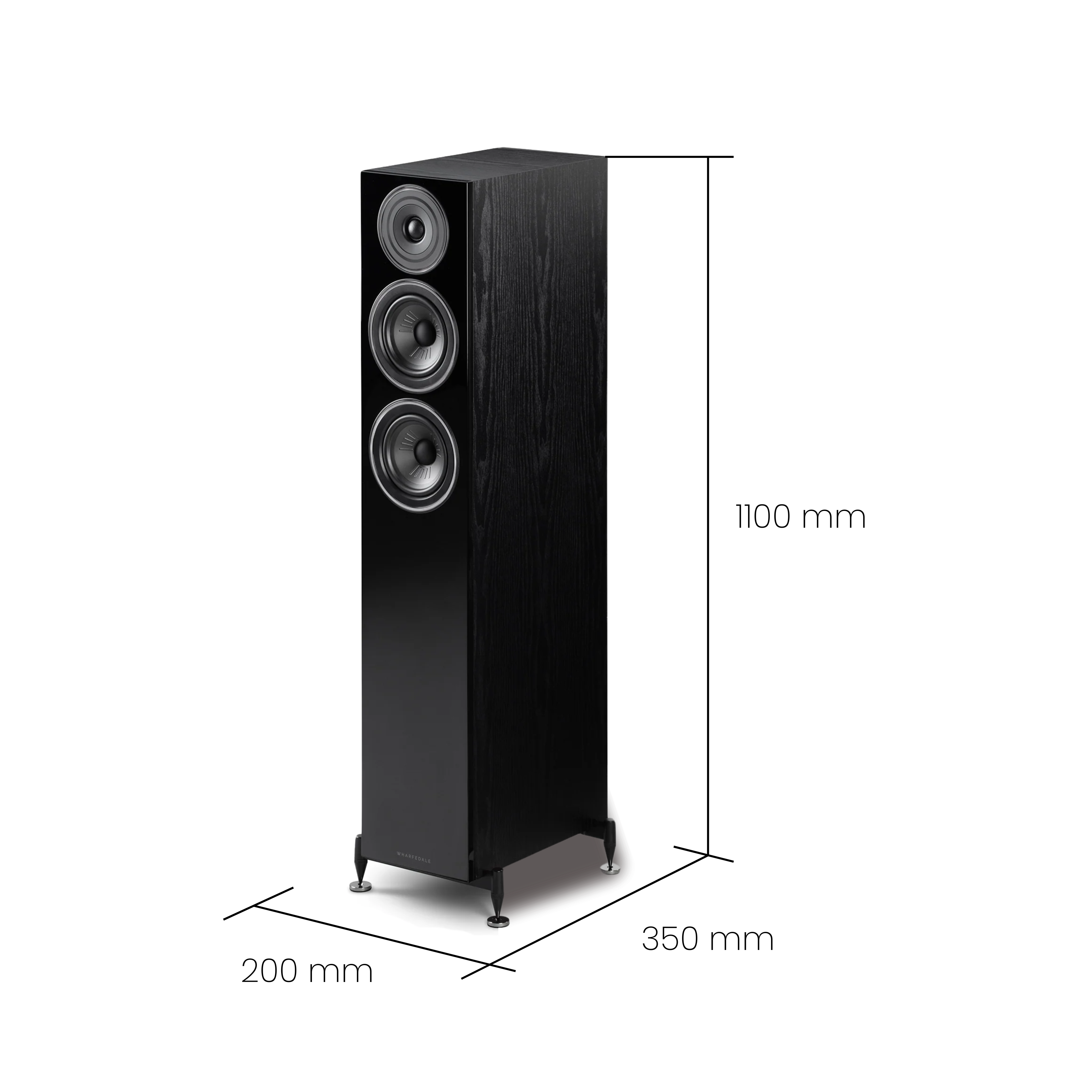 Un grand haut-parleur noir avec trois haut-parleurs. Dimensions: 1100 mm de hauteur, 350 mm de largeur et 200 mm de profondeur.