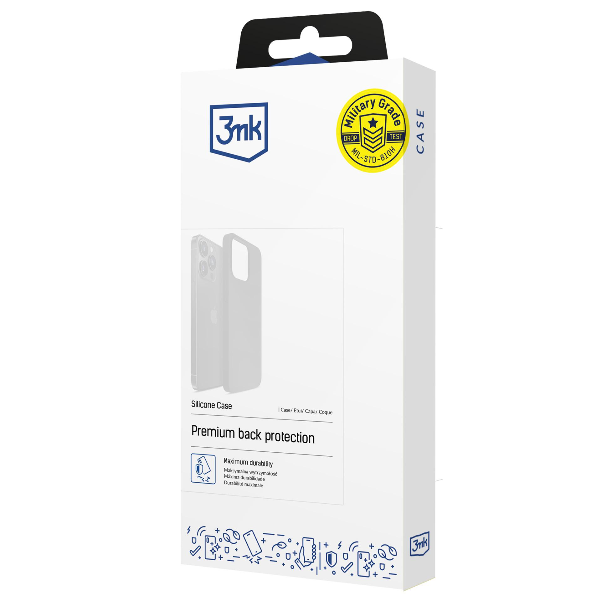 Białe pudełko na etui na telefon z logo marki i etykietą testu upadku klasy wojskowej. Pudełko zawiera etui na telefon.