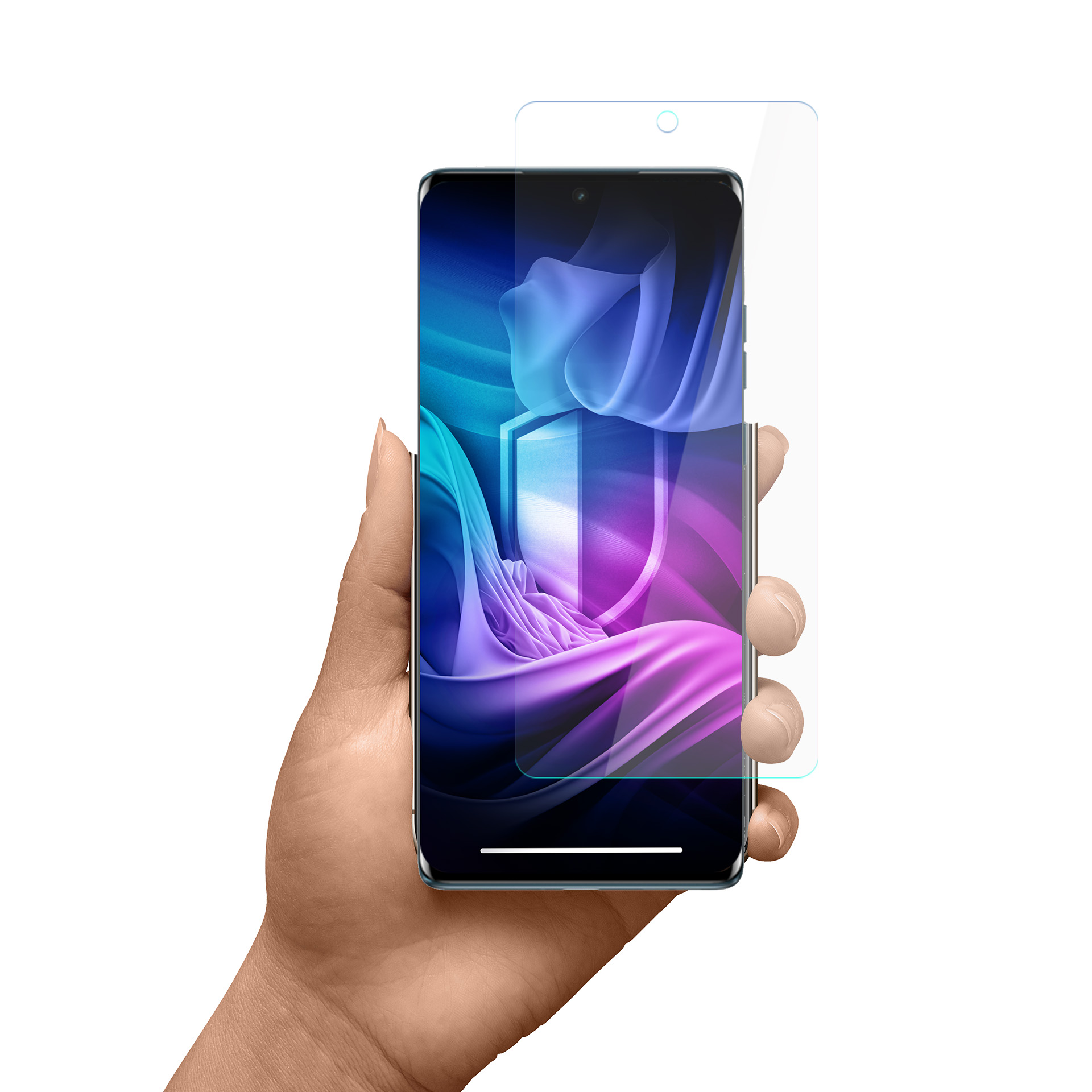 Ręka trzyma smartfon z ochraniaczem ekranu. Ekran pokazuje kolorowy, abstrakcyjny wzór. Białe tło.