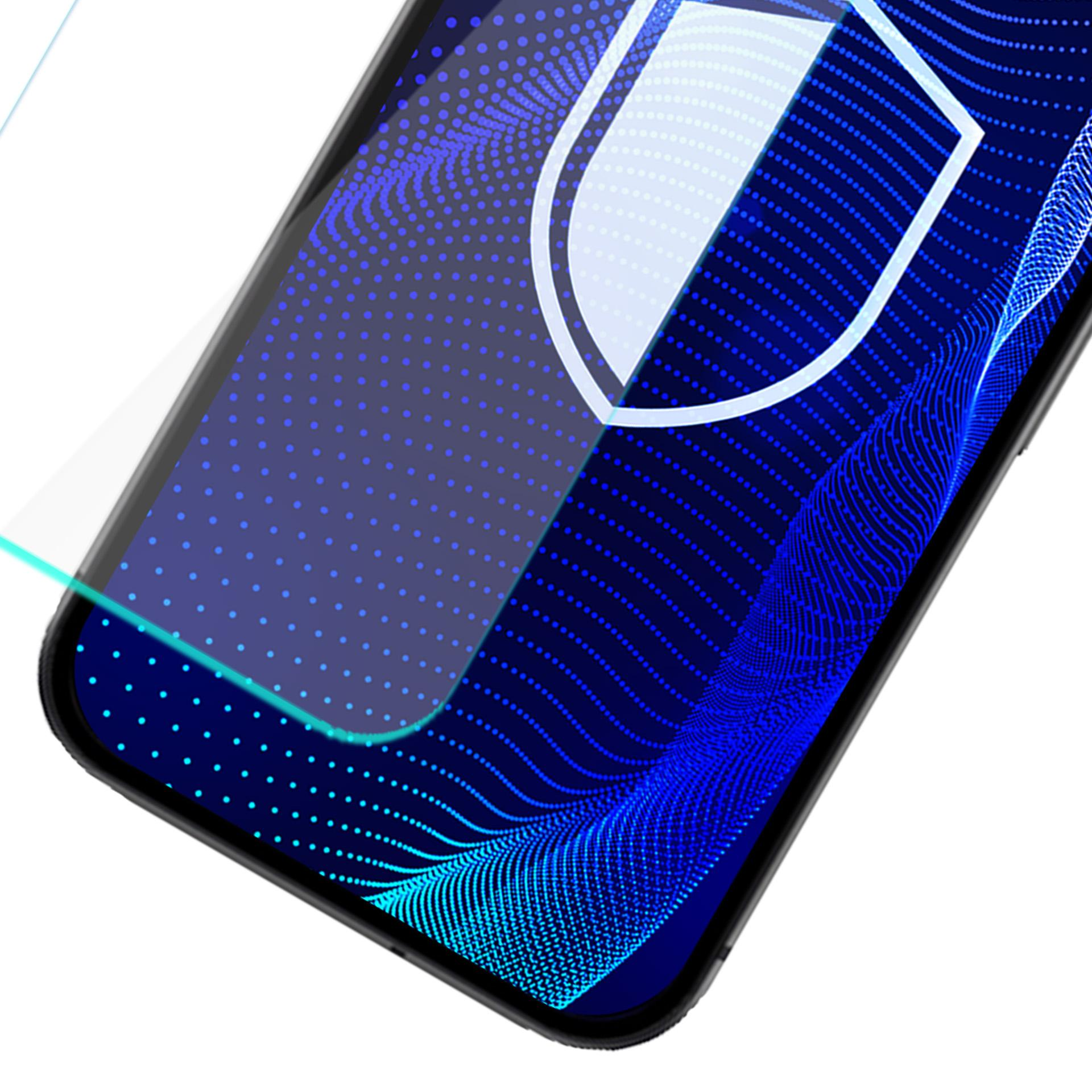 Ochraniacz ekranu telefonu z białym wzorem tarczy na niebieskim wzorze kropek. Telefon jest czarny.