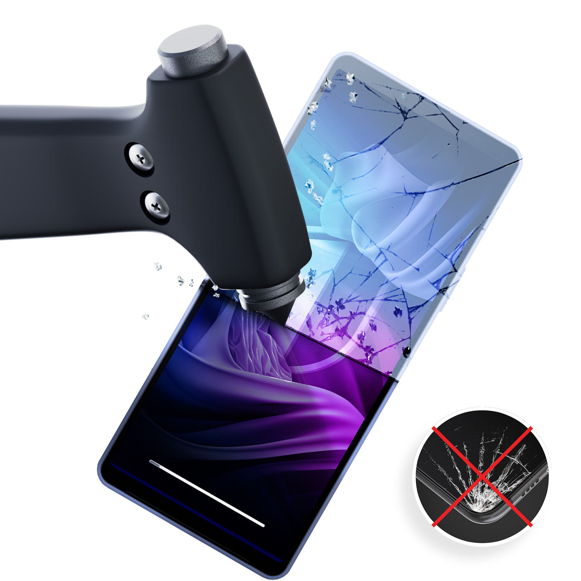 Telefon jest uderzany przez urządzenie. Ekran pęka. Ikona pokazuje uszkodzony telefon z czerwonym krzyżem.