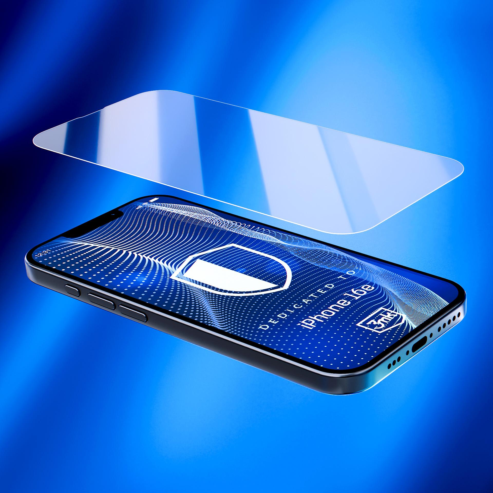 Un telefono e una protezione schermo sono su una sfumatura blu. Il telefono ha un design a scudo. La protezione è trasparente, angolata sopra il telefono.
