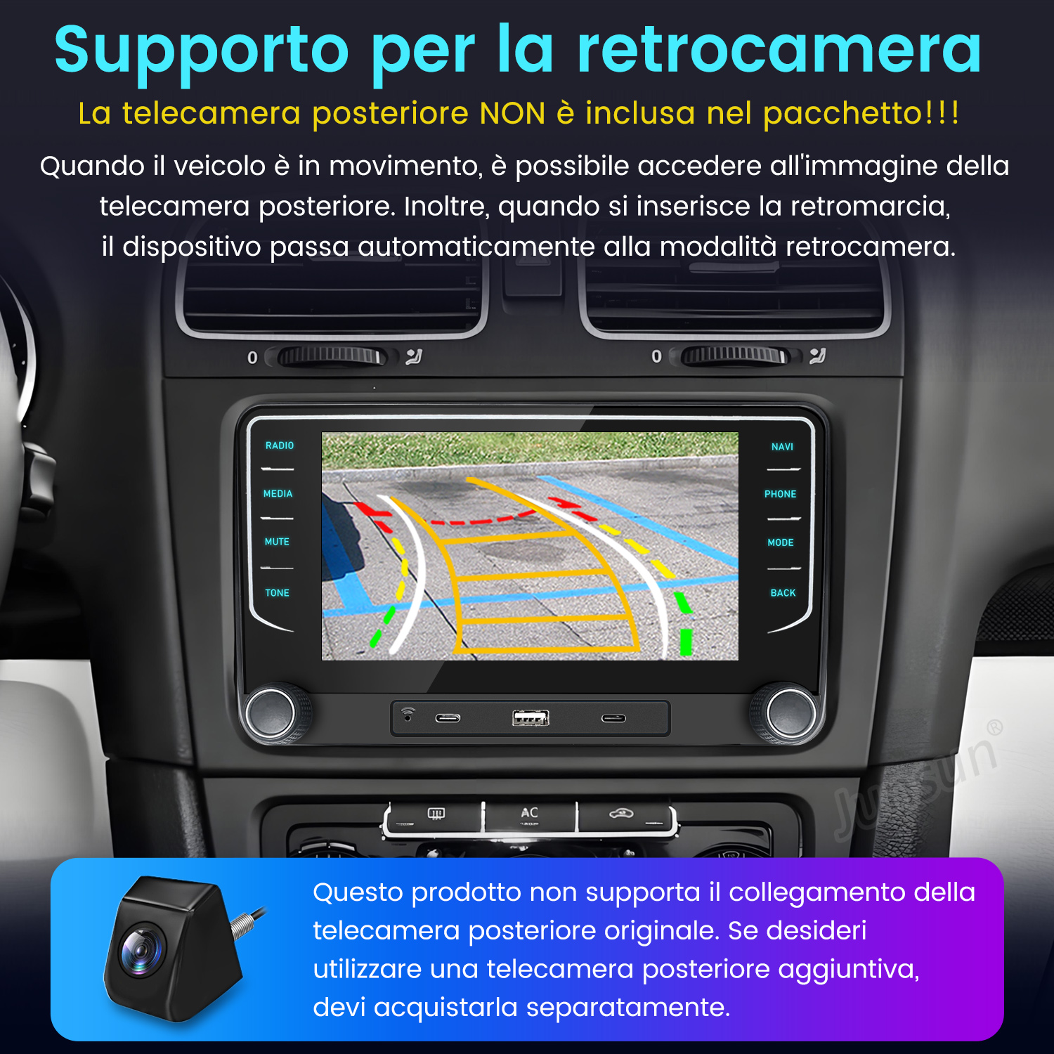 Cruscotto auto che mostra un display della telecamera di retromarcia. Una telecamera è mostrata nell'angolo. Testo in italiano, che spiega la telecamera.