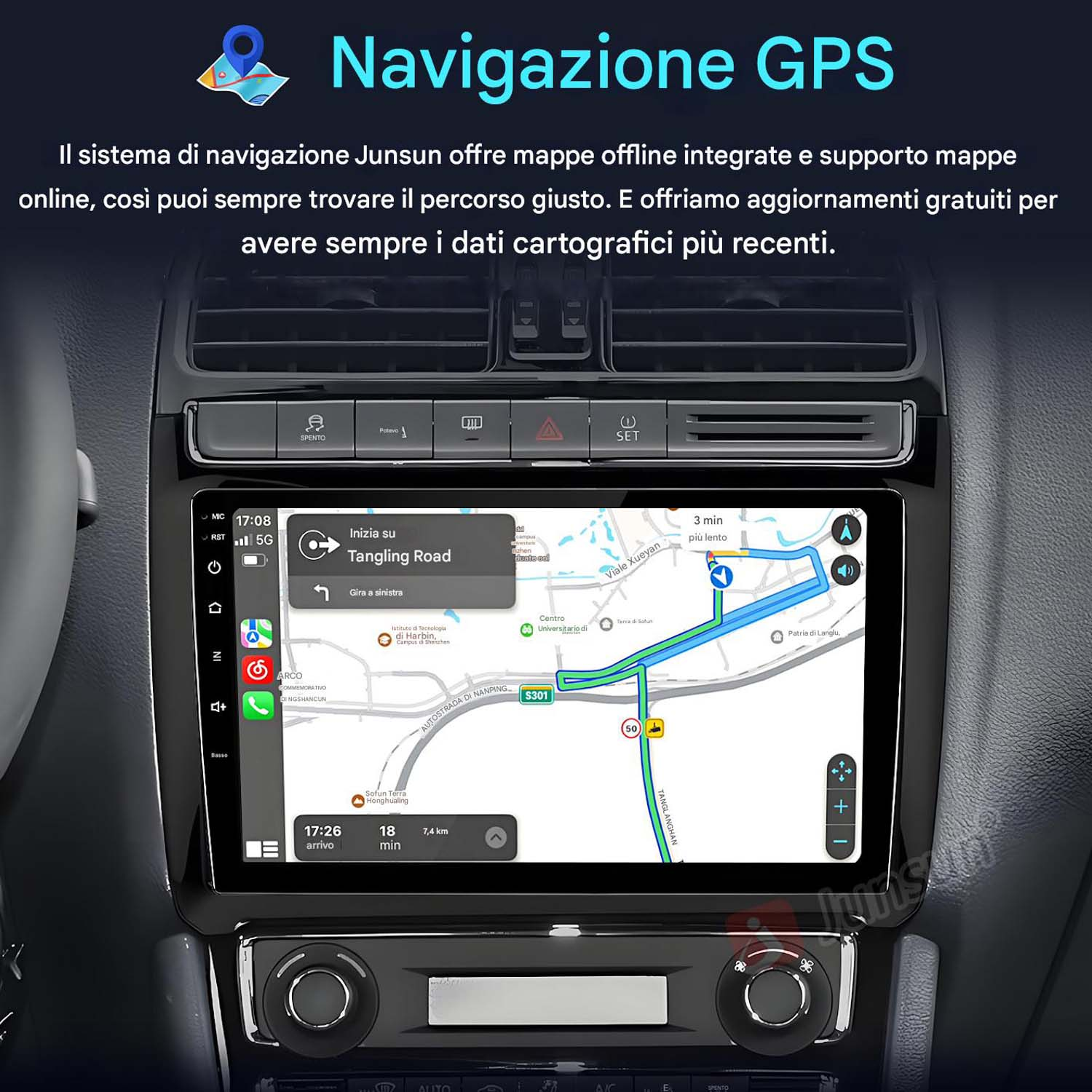 Cruscotto auto con navigatore GPS, mappa e indicazioni stradali.