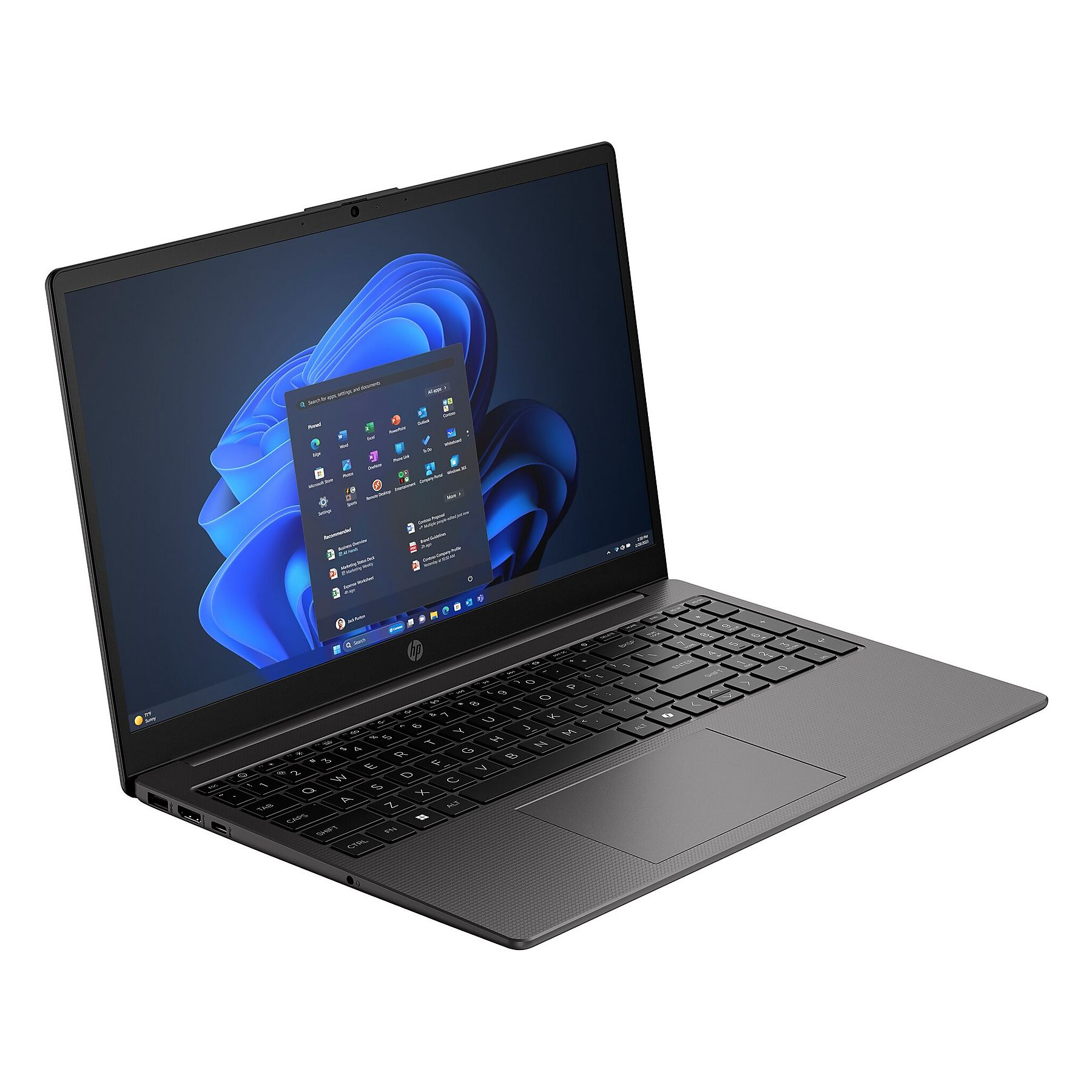 Un laptop grigio scuro è aperto, mostrando l'interfaccia Windows. Tastiera e schermo visibili su sfondo bianco.