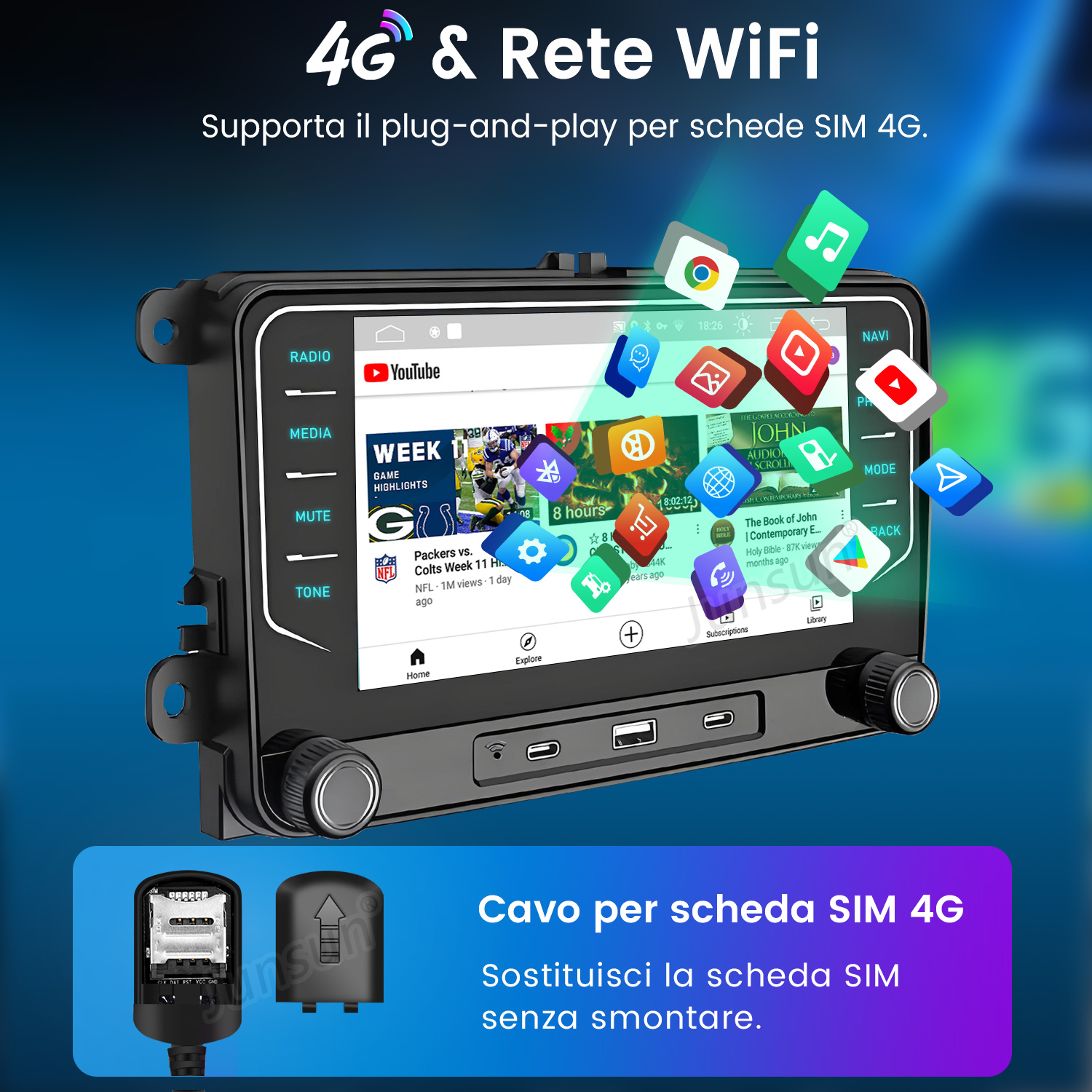 Un sistema multimediale per auto mostra YouTube. Le icone fluttuano sullo schermo. Sotto c'è uno slot per schede SIM e il suo coperchio.