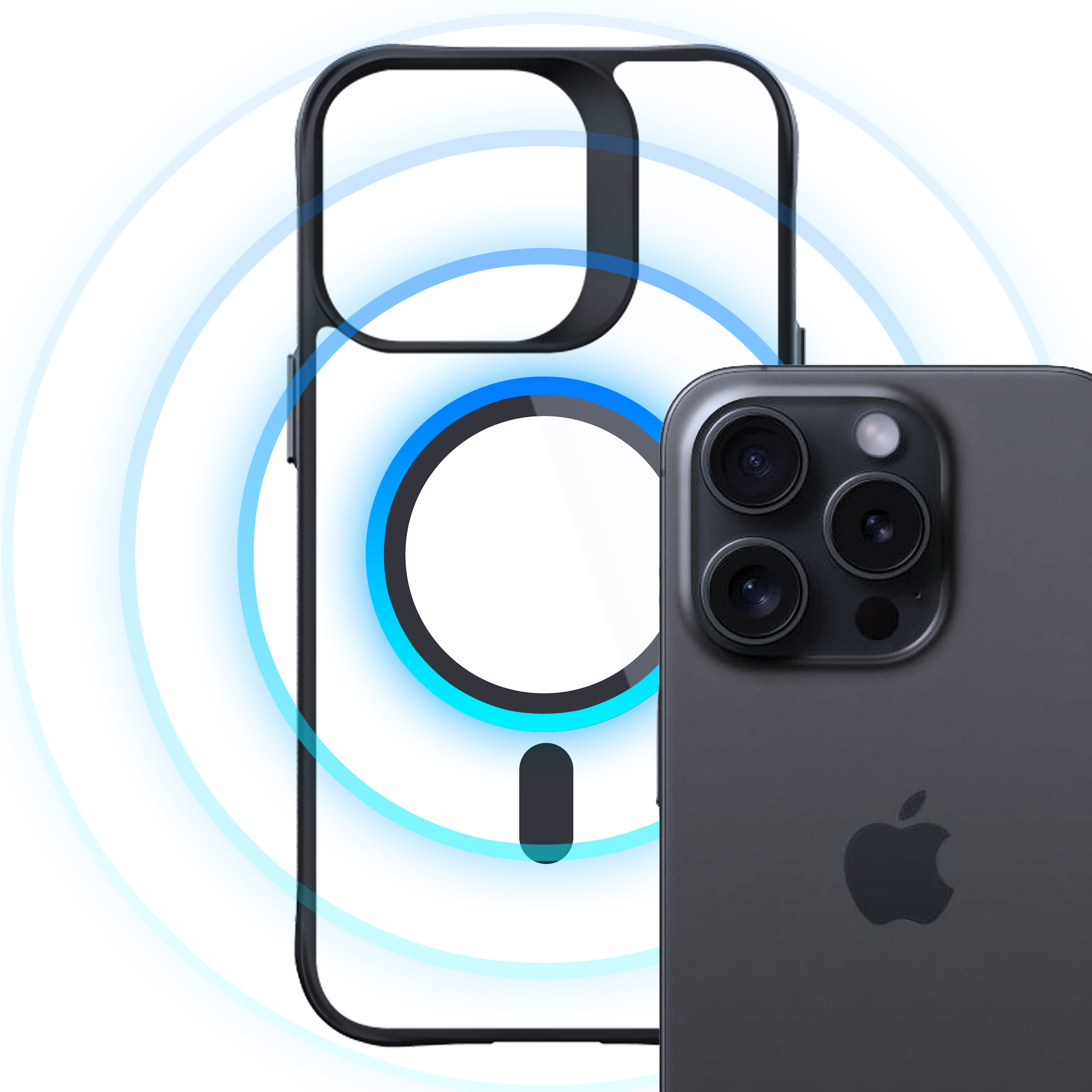 L'immagine mostra un iPhone con custodia. Il telefono è grigio scuro. La custodia è nera e ha un design circolare.
