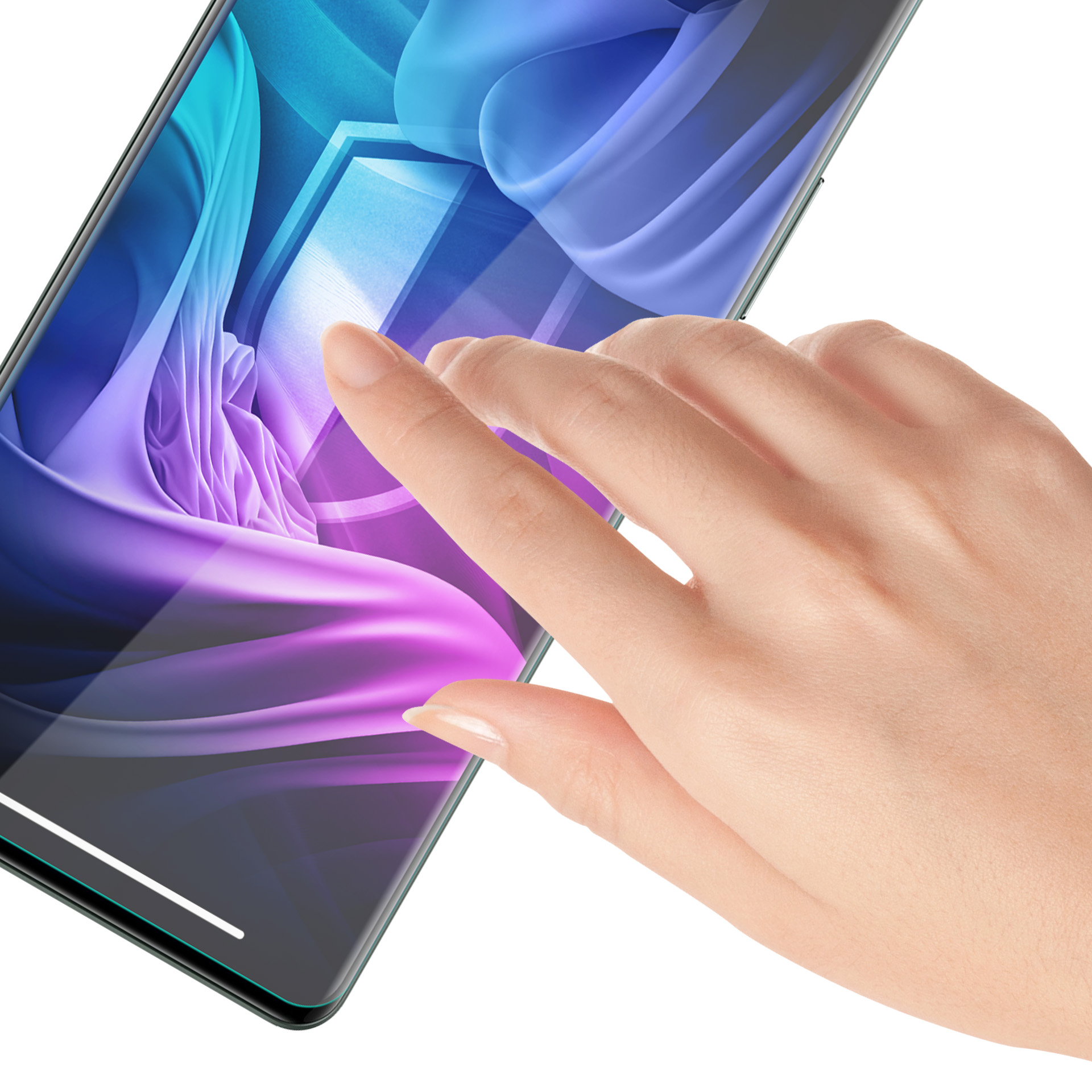 Dłoń dotyka ekranu telefonu. Ekran wyświetla kolorowy, abstrakcyjny wzór. Białe tło.