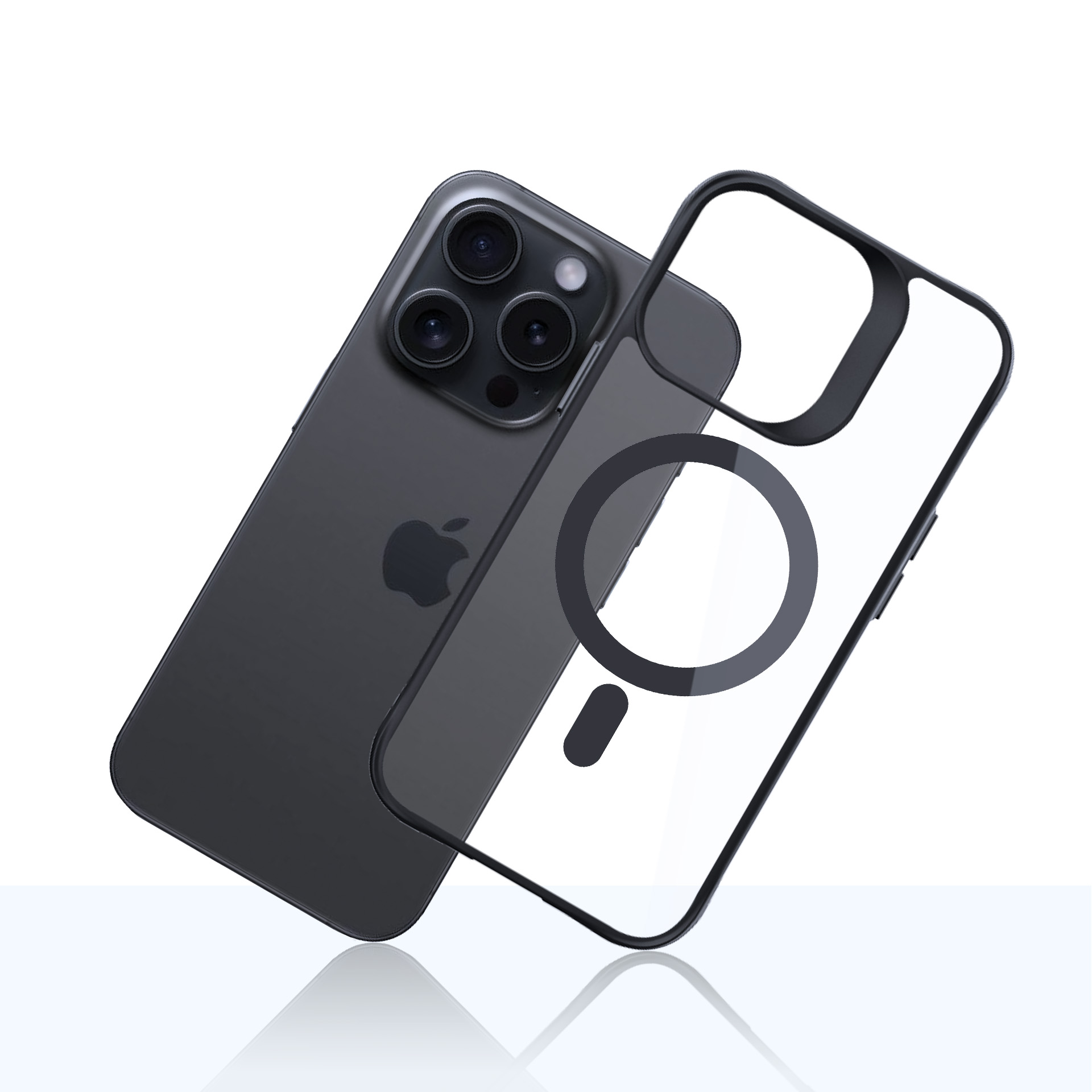 Un iPhone grigio scuro con una custodia trasparente. Il telefono ha una fotocamera a tre lenti. La custodia ha un anello MagSafe.
