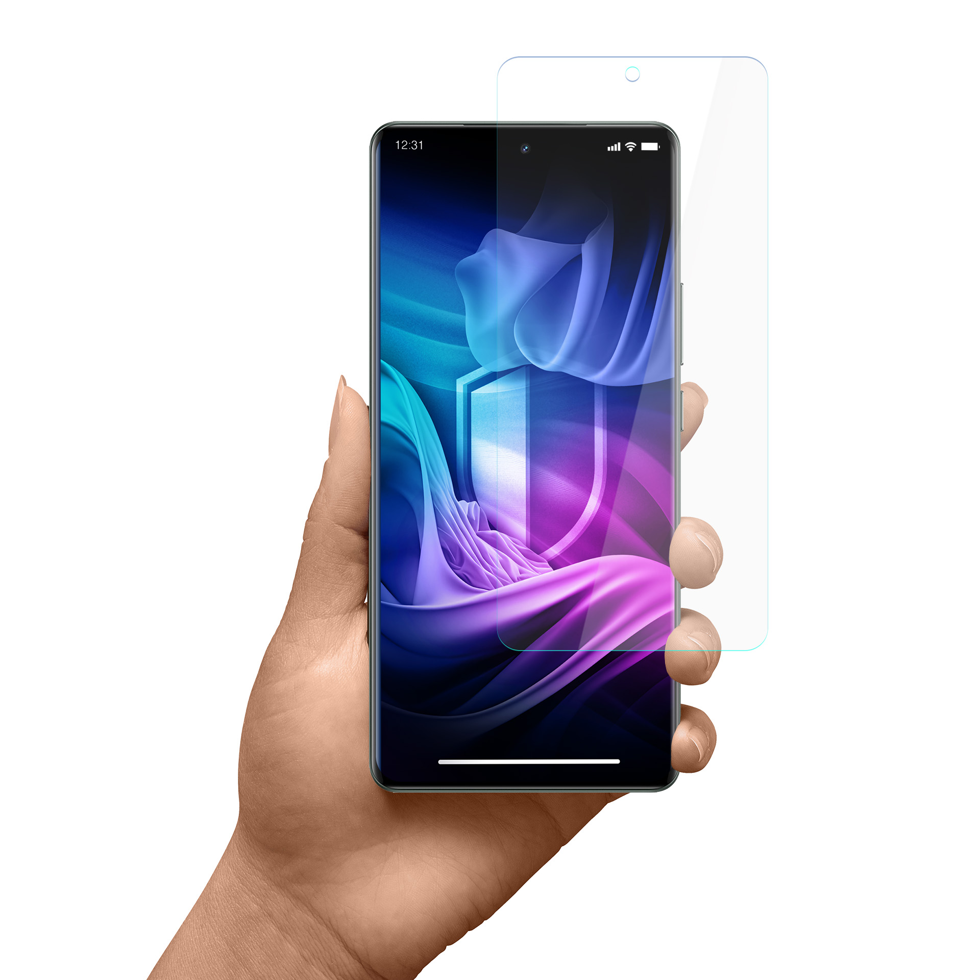 Ręka trzymająca smartfon z ochraniaczem ekranu. Ekran pokazuje kolorowy abstrakcyjny obraz.