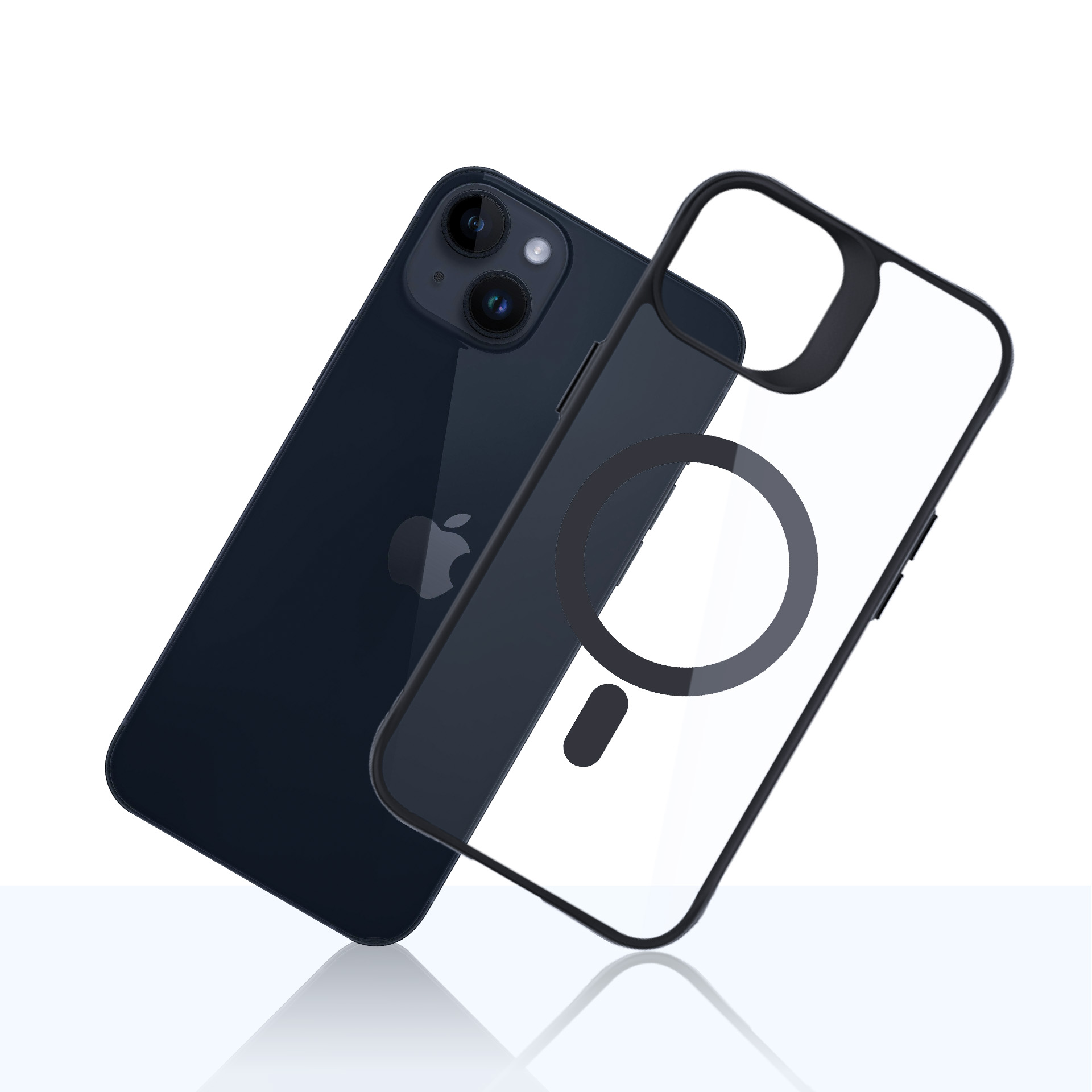 Un iPhone blu scuro e una custodia trasparente con cornice nera su una superficie bianca riflettente.