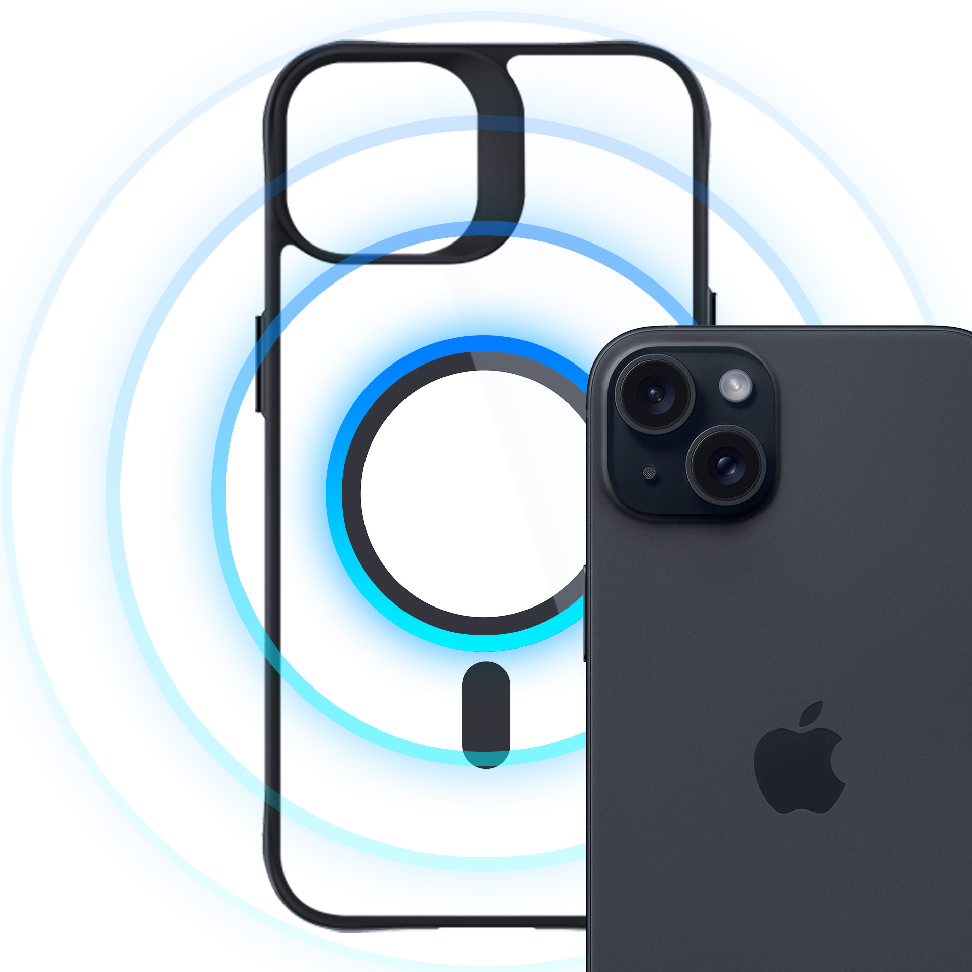 iPhone nero con due fotocamere e custodia con cerchio blu brillante. Logo Apple visibile.