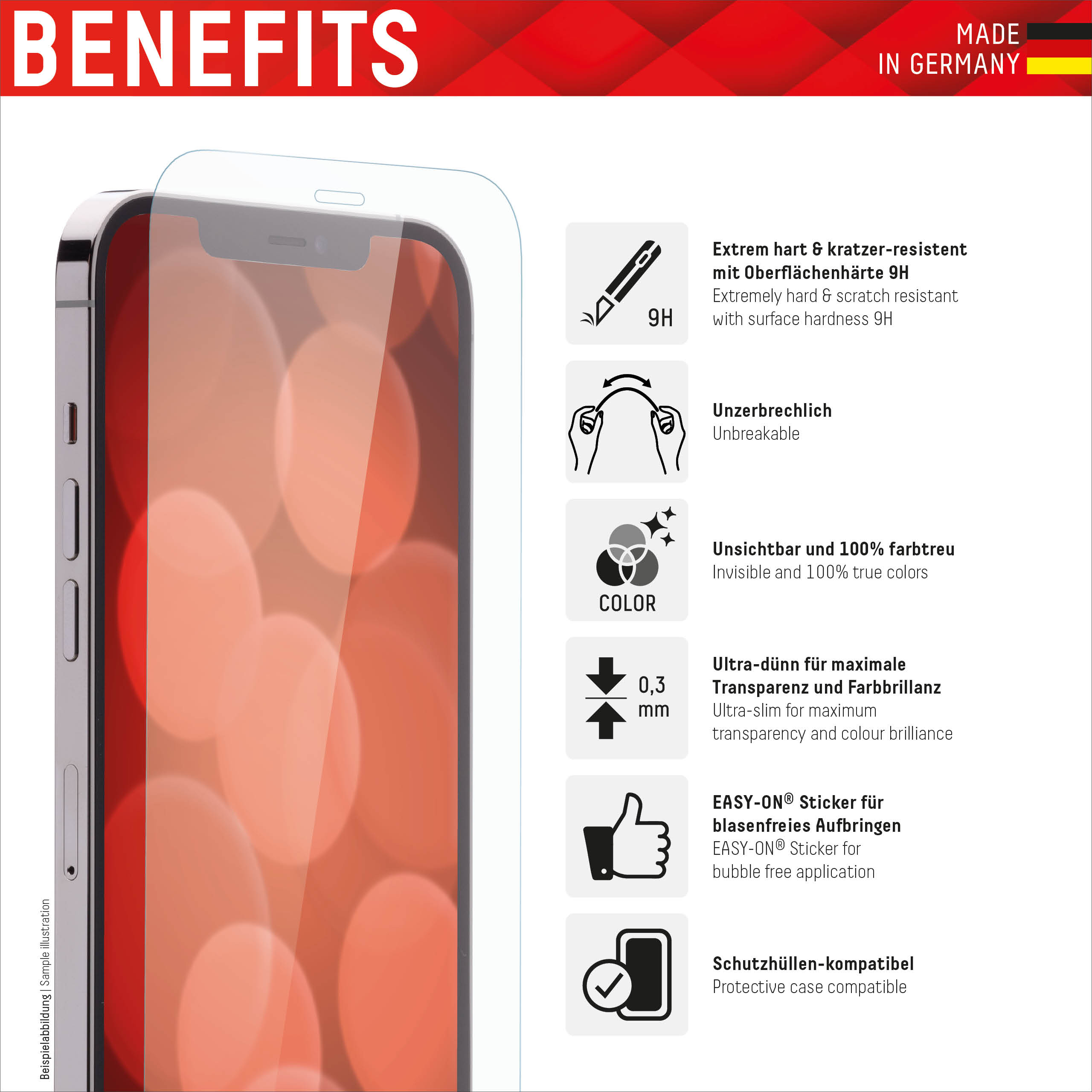Een telefoon met schermbeschermer, productdetails op witte achtergrond, rode banner: VOORDELEN, en Made in Germany.