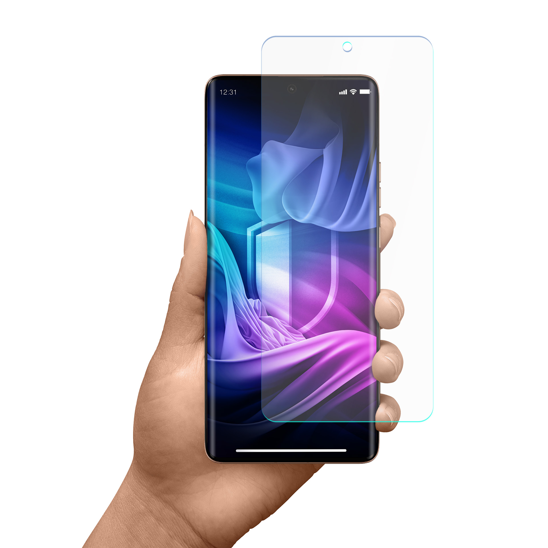 Dłoń trzyma smartfon z ochraniaczem ekranu. Telefon wyświetla kolorowy obraz abstrakcyjny. Ochraniacz jest przezroczysty.