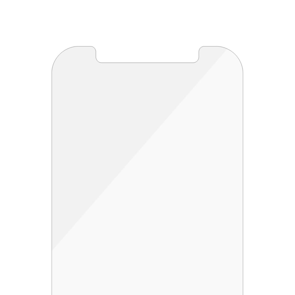 Een heldere schermbeschermer voor een telefoon, met een inkeping aan de bovenkant. De beschermer is rechthoekig met afgeronde hoeken.