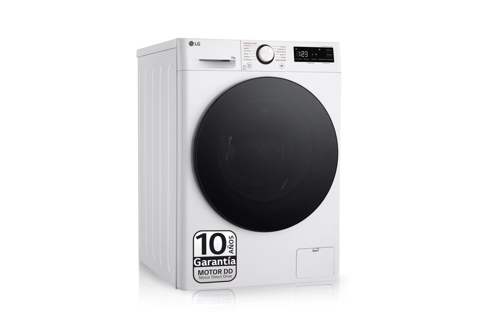Una lavadora LG blanca. Tiene una puerta negra, pantalla digital y una pegatina de garantía de 10 años.