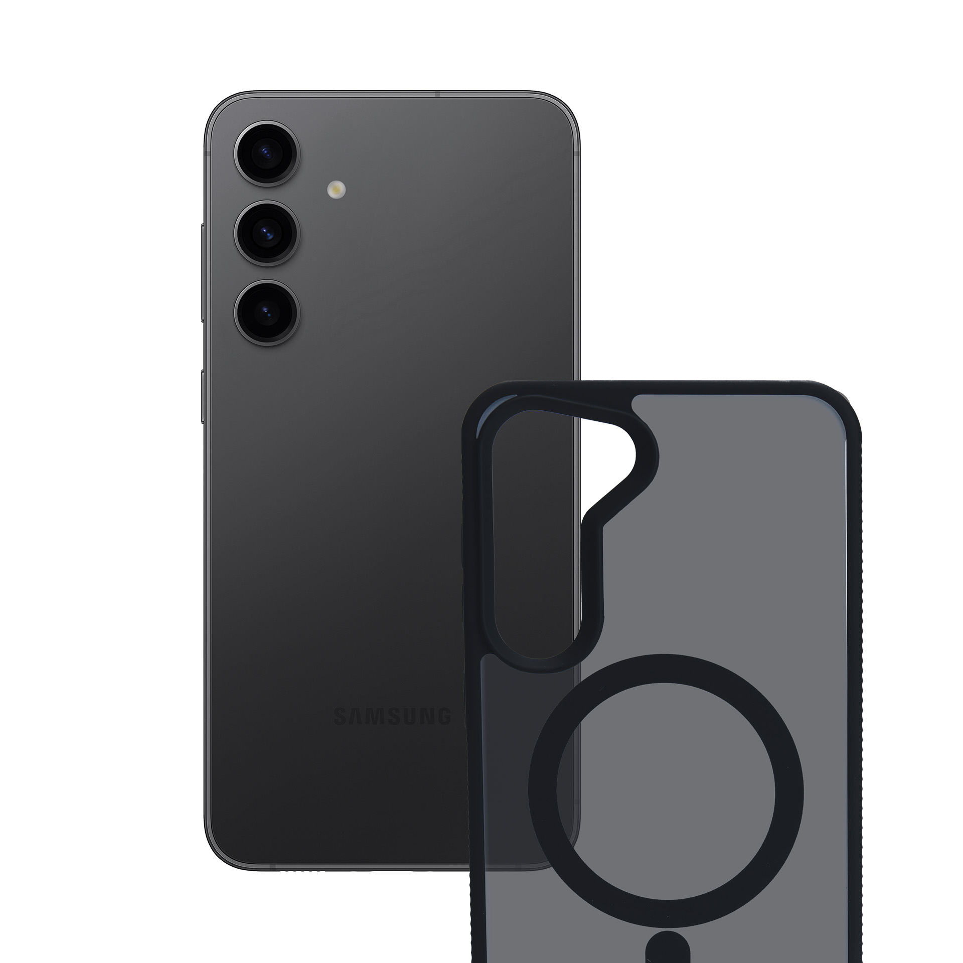 Un telefono Samsung grigio scuro e una custodia trasparente. La custodia ha un anello nero sul retro.