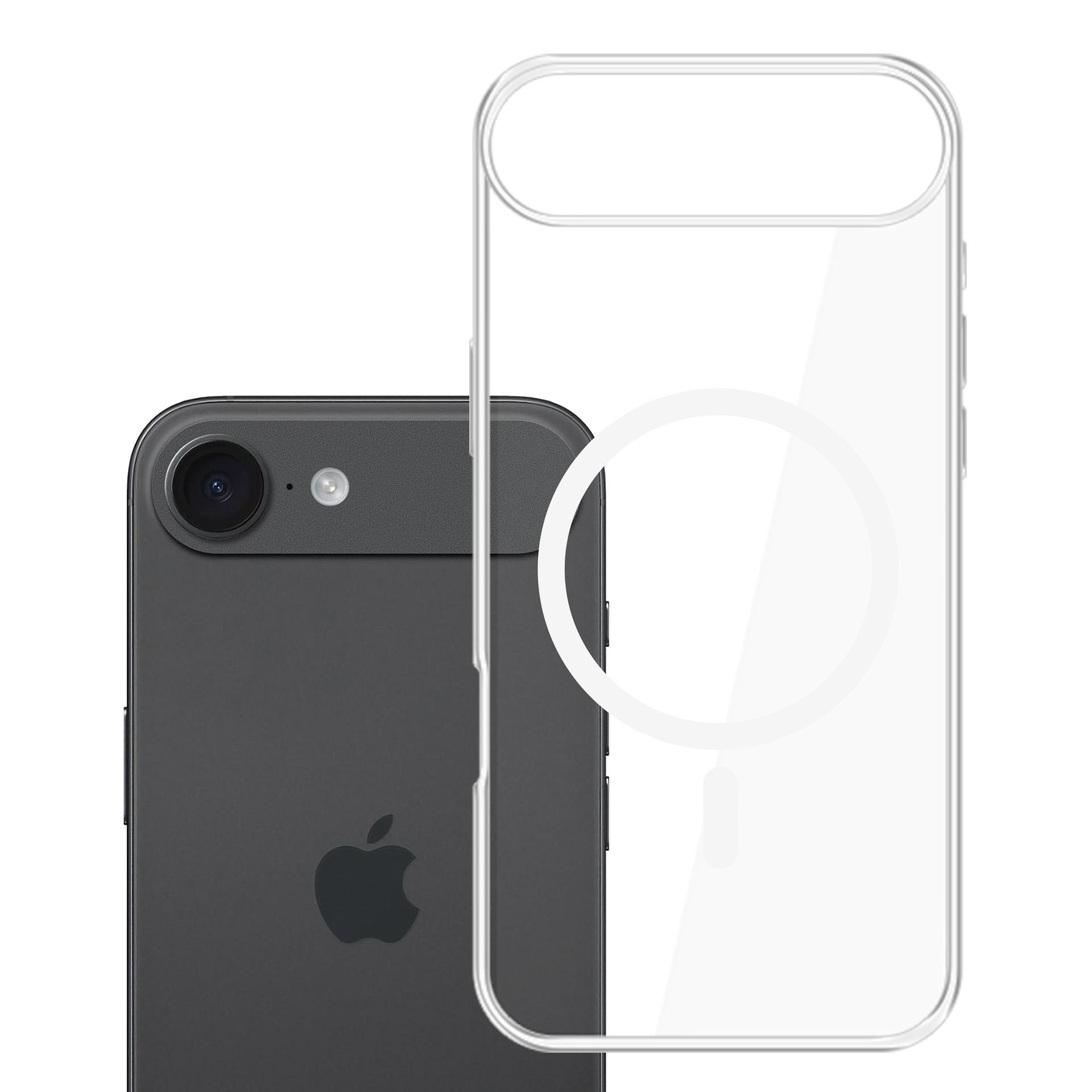 Ciemnoszary iPhone z przezroczystym etui. Etui ma magnetyczny pierścień. Widoczne jest logo Apple.
