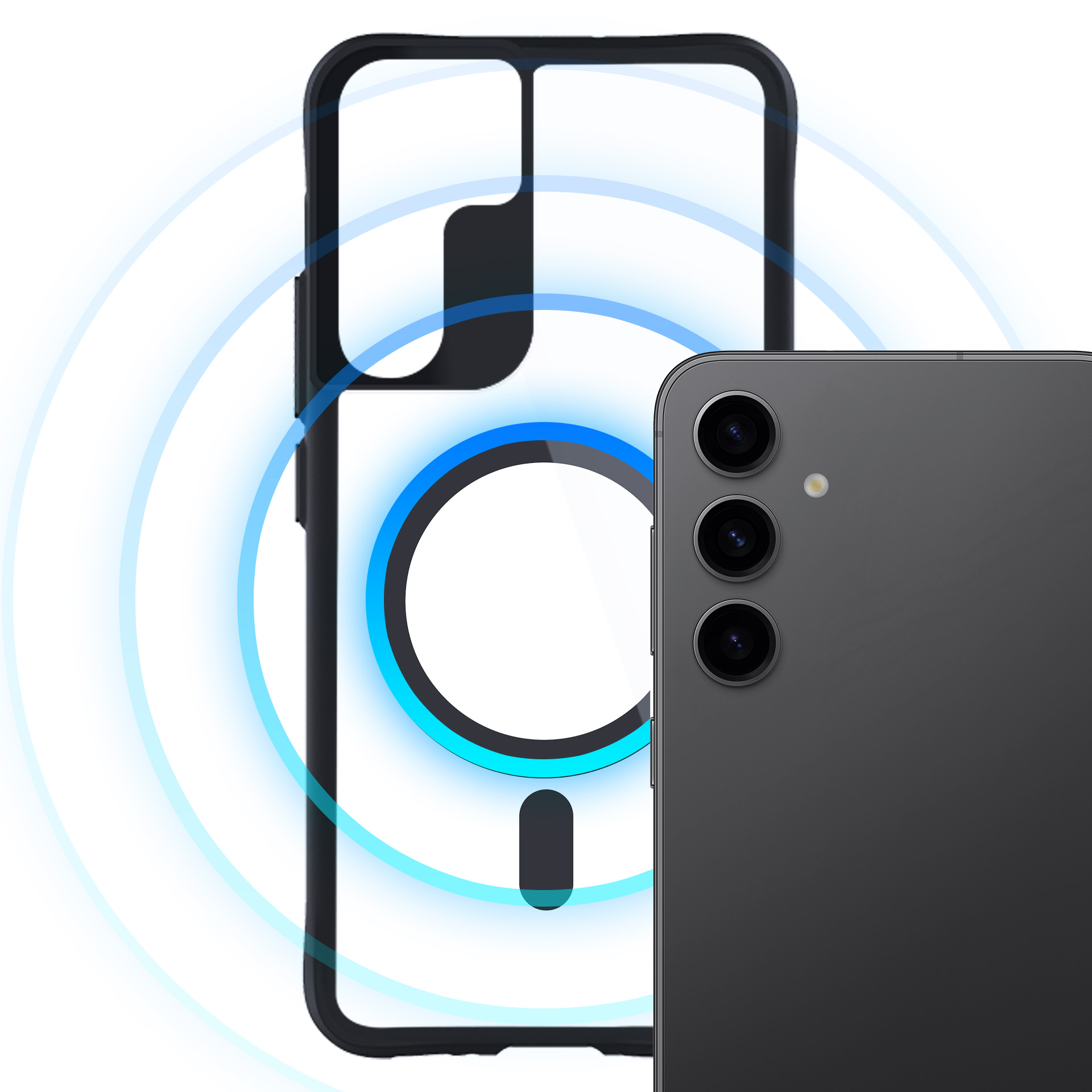 Vengono mostrati una custodia e un telefono. Il telefono è nero con tre fotocamere. La custodia è nera e trasparente.