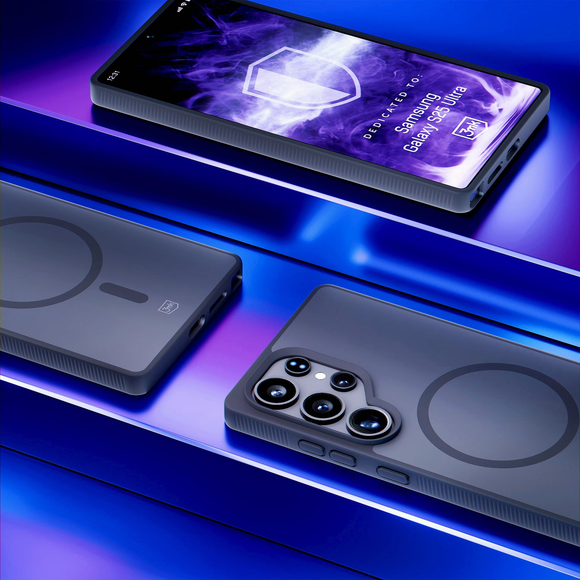 Tre custodie per telefoni con sfondo blu e viola. Un telefono mostra uno schermo con uno scudo. Tutti sono grigi.