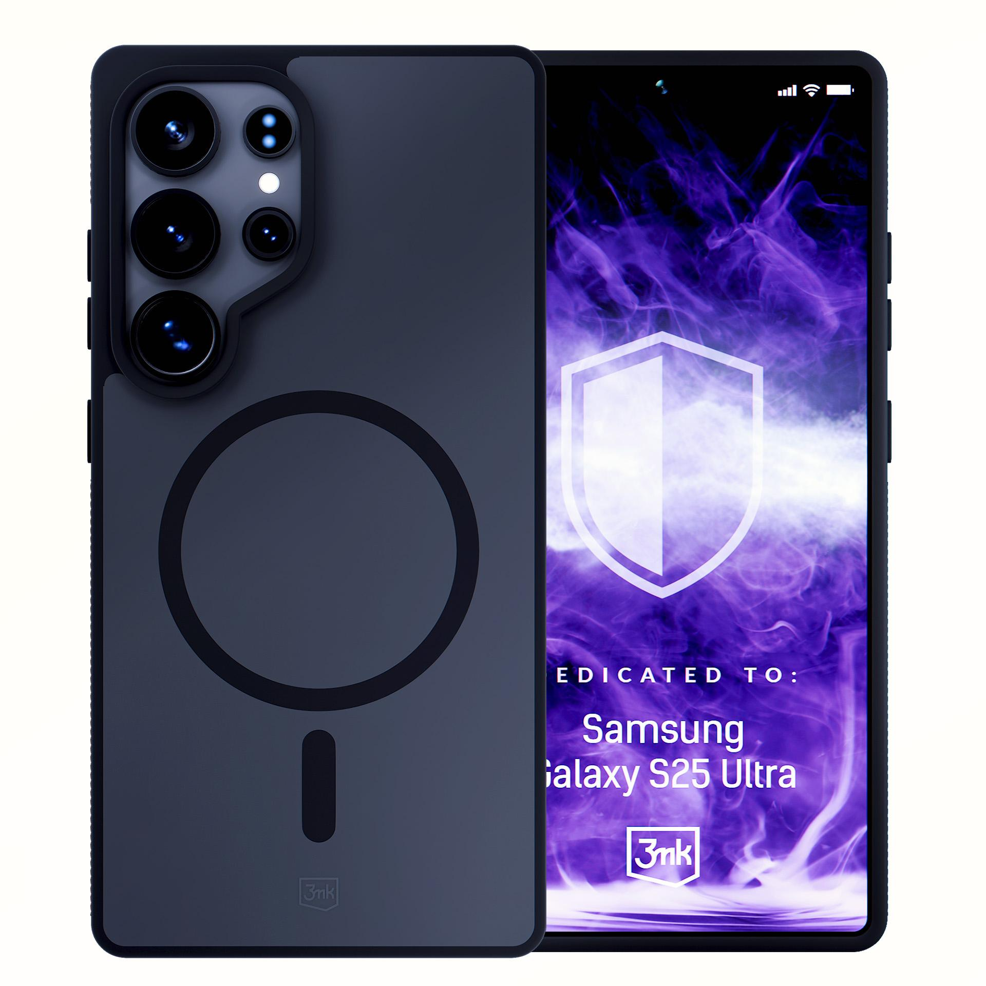 Custodia per telefono su un Samsung Galaxy S25 Ultra. Lo schermo mostra un logo a scudo. La custodia è blu scuro.