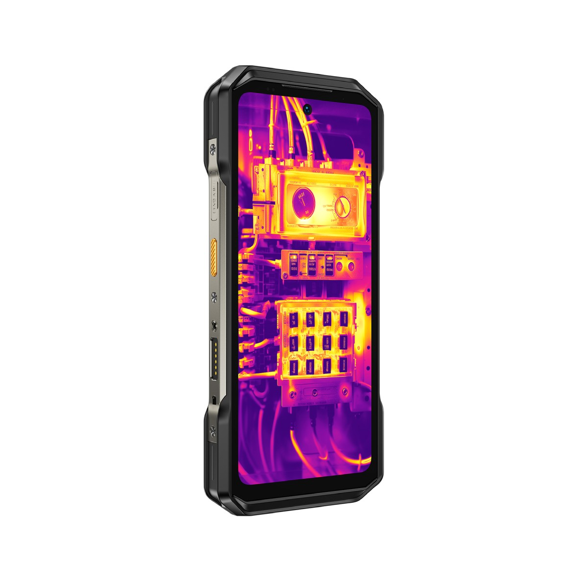Ein robustes Smartphone zeigt ein Wärmebild von elektrischen Komponenten. Das Telefon ist schwarz, mit einem seitlich angebrachten SIM-Kartensteckplatz und orangefarbenen Akzenten.