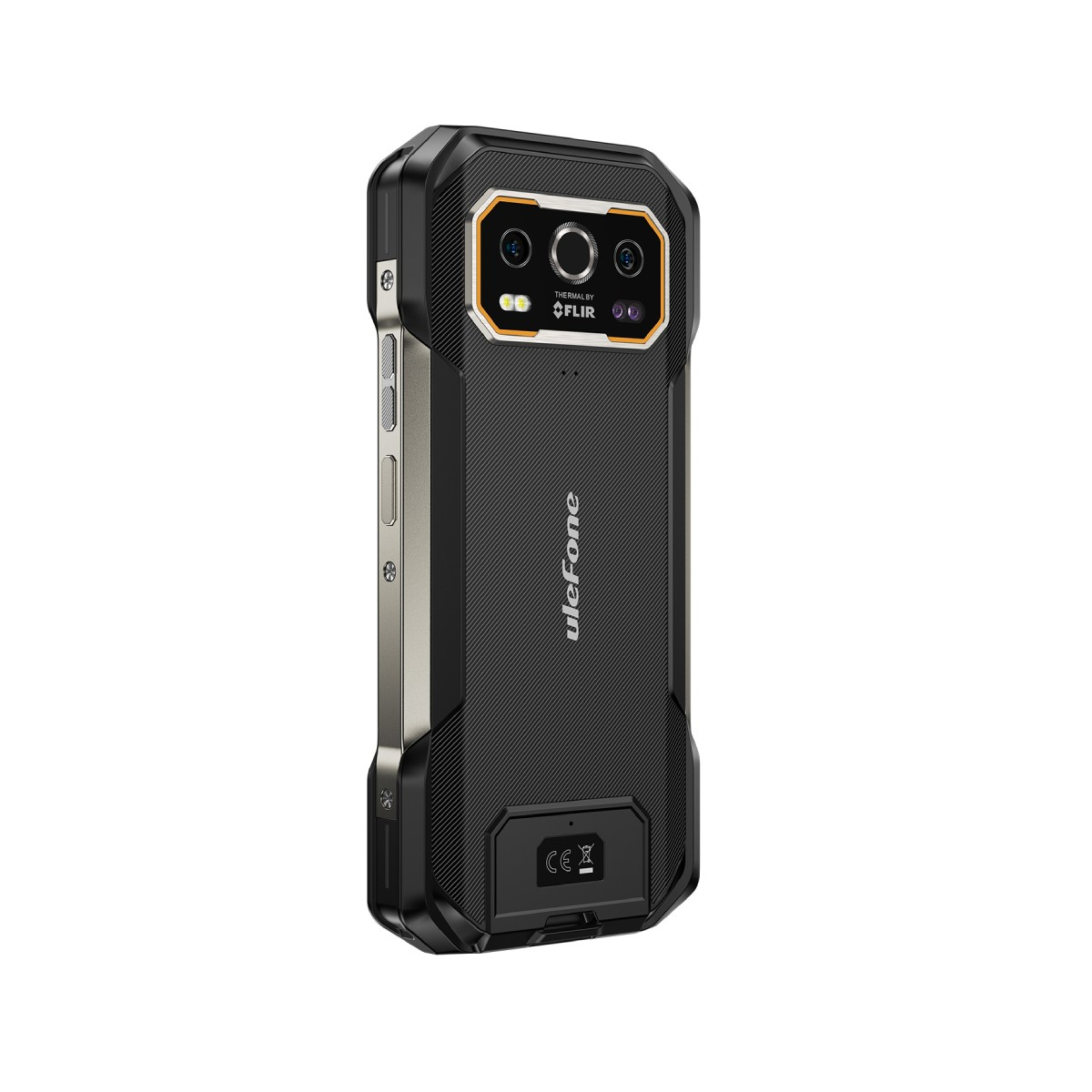 Ein robustes Ulefone-Smartphone mit schwarzer strukturierter Rückseite, silbernen Seiten und einem orangefarbenen Kameramodul. Das Telefon ist leicht angewinkelt.
