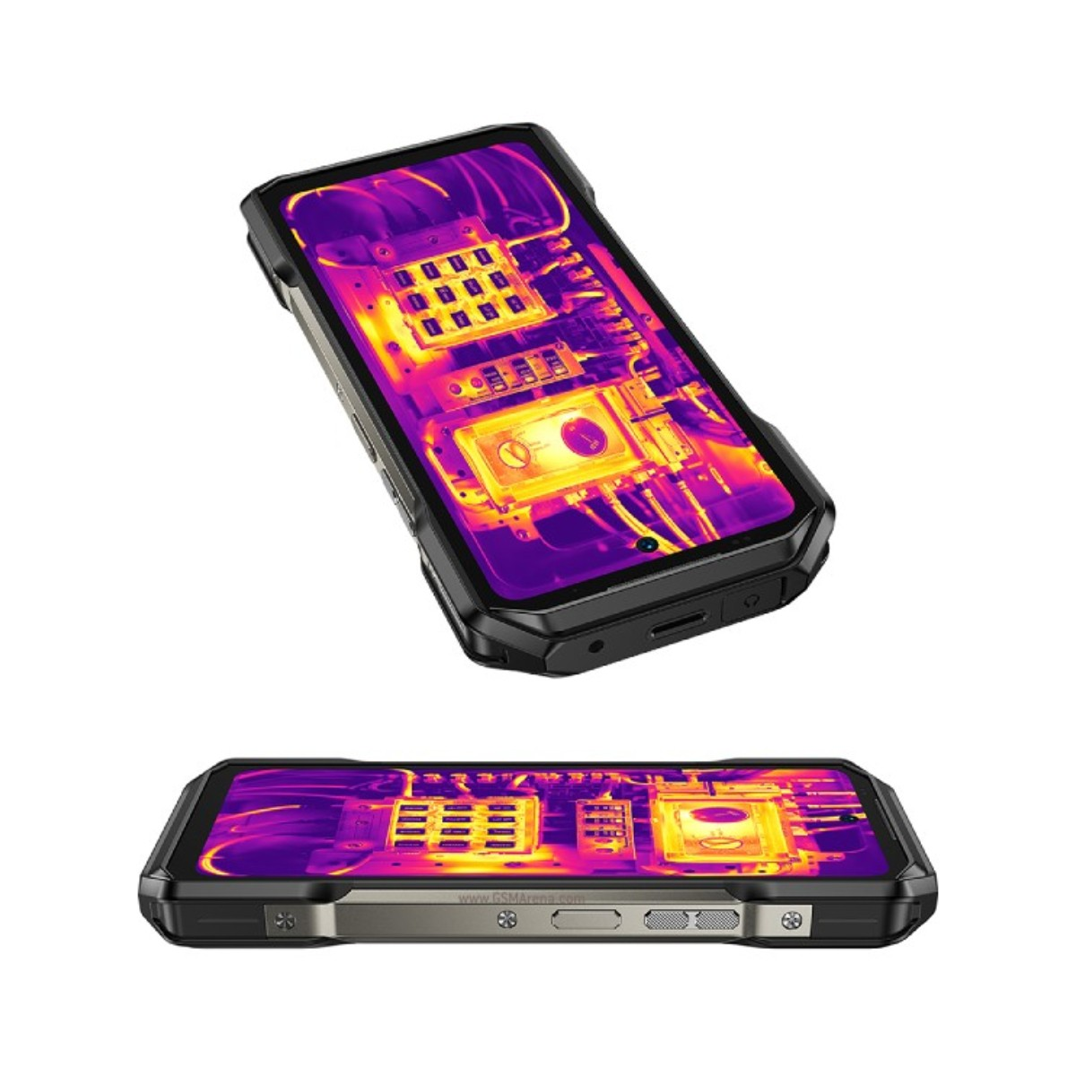 Zwei Smartphones, Draufsicht und Seitenansicht. Bildschirme zeigen Wärmebilder in Lila, Orange und Gelb. Schwarze und graue Gehäuse.