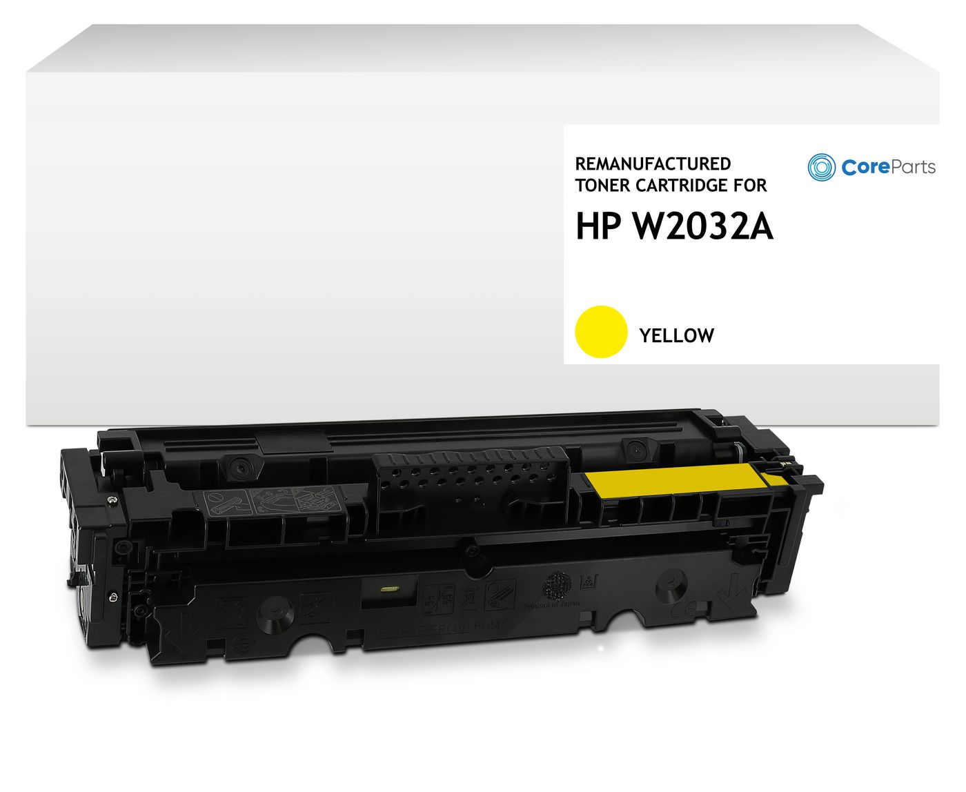 Una cartuccia toner nera e gialla rigenerata per HP W2032A. Lo sfondo è bianco e il marchio è CoreParts.