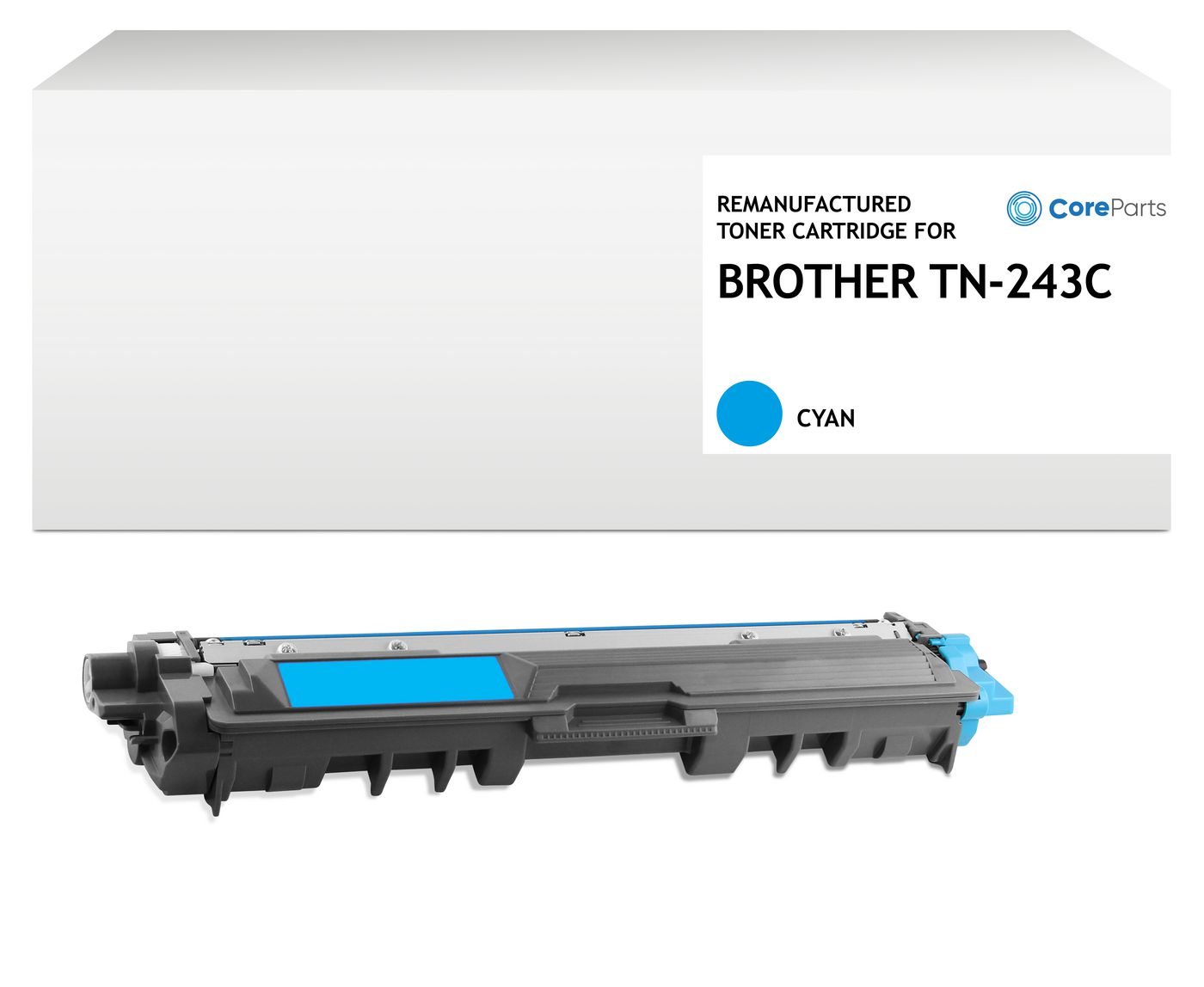 Una cartuccia toner ciano Brother TN-243C è posizionata sotto la sua scatola. La scatola riporta la scritta 'Cartuccia toner rigenerata'.