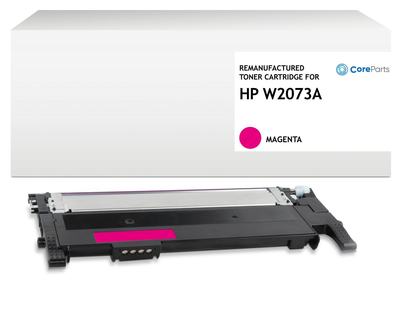 Una cartuccia toner HP W2073A rigenerata, colore magenta, con logo CoreParts e confezione.
