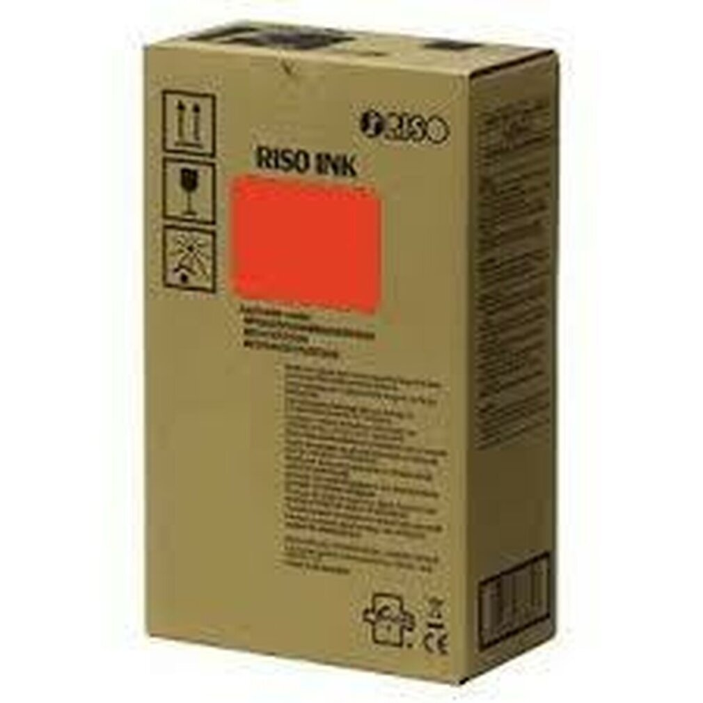 Una scatola beige RISO INK con un'etichetta rettangolare rossa. La scatola presenta testo e simboli.