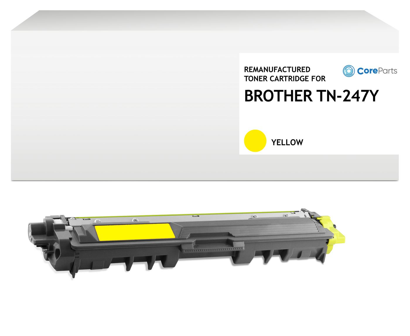 Una cartuccia toner gialla Brother TN-247Y è mostrata sotto una scatola bianca con testo. Il testo indica che si tratta di un toner rigenerato.