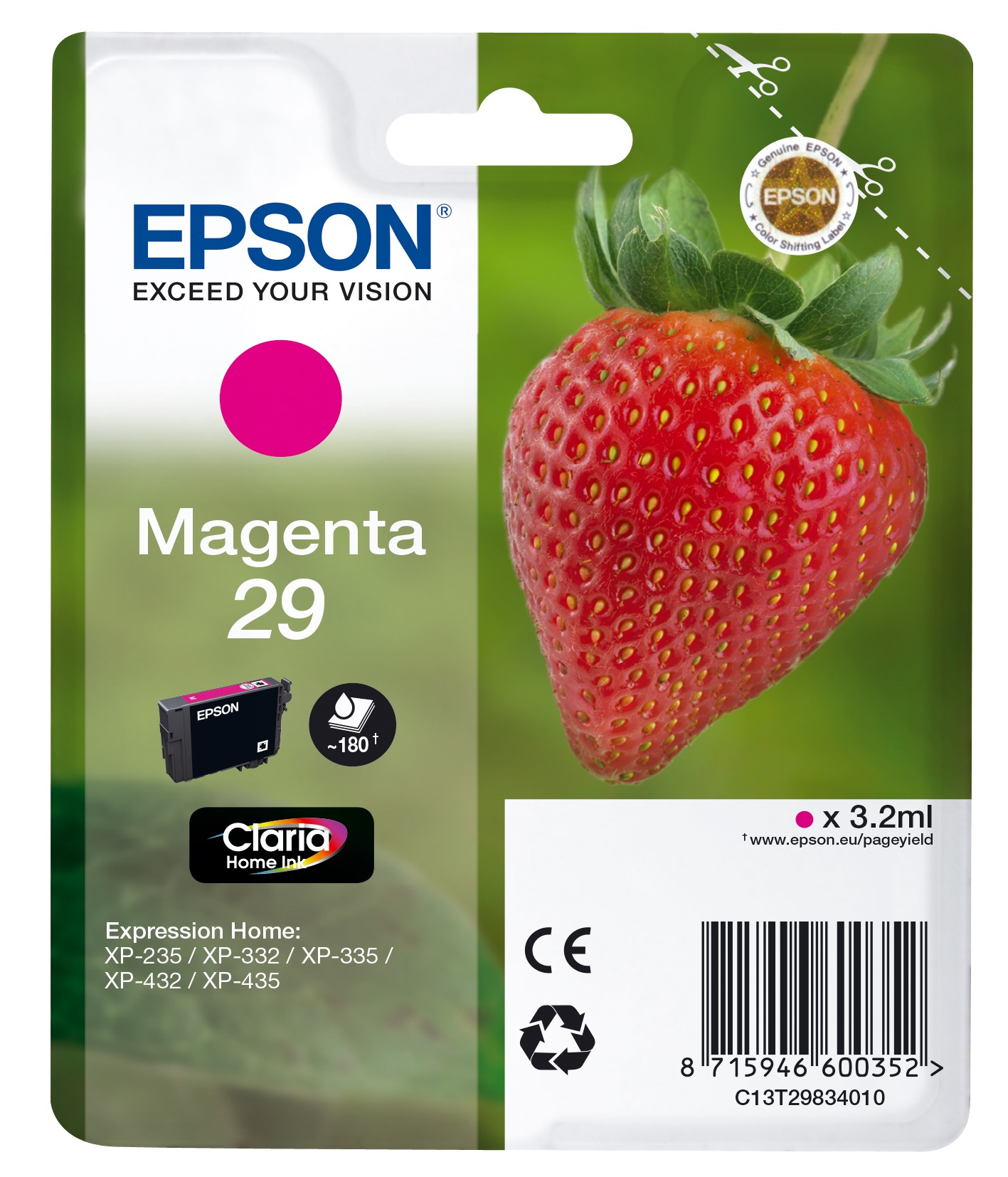Cartuccia d'inchiostro Epson con fragola. La cartuccia è magenta, con fragola a destra, sfondo verde.