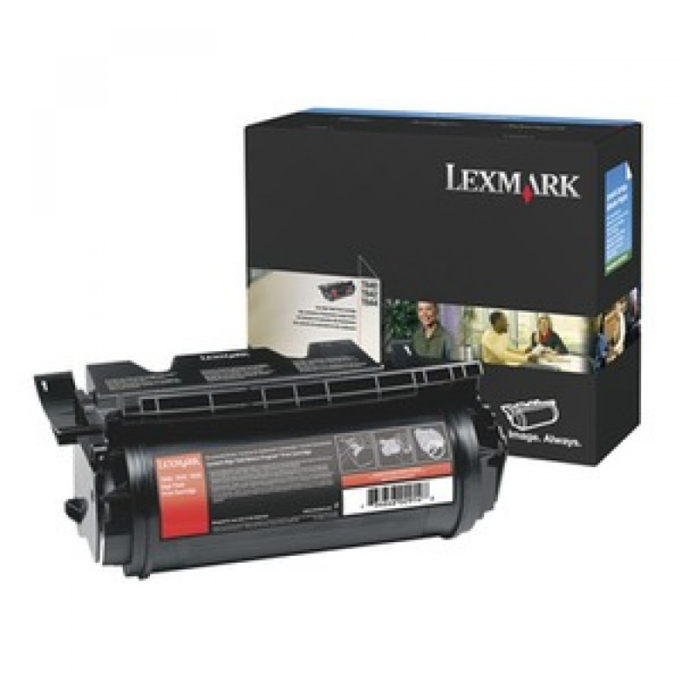 Una cartuccia e una scatola per stampante Lexmark. La cartuccia è nera con un'etichetta rossa. La scatola è nera con il logo Lexmark.