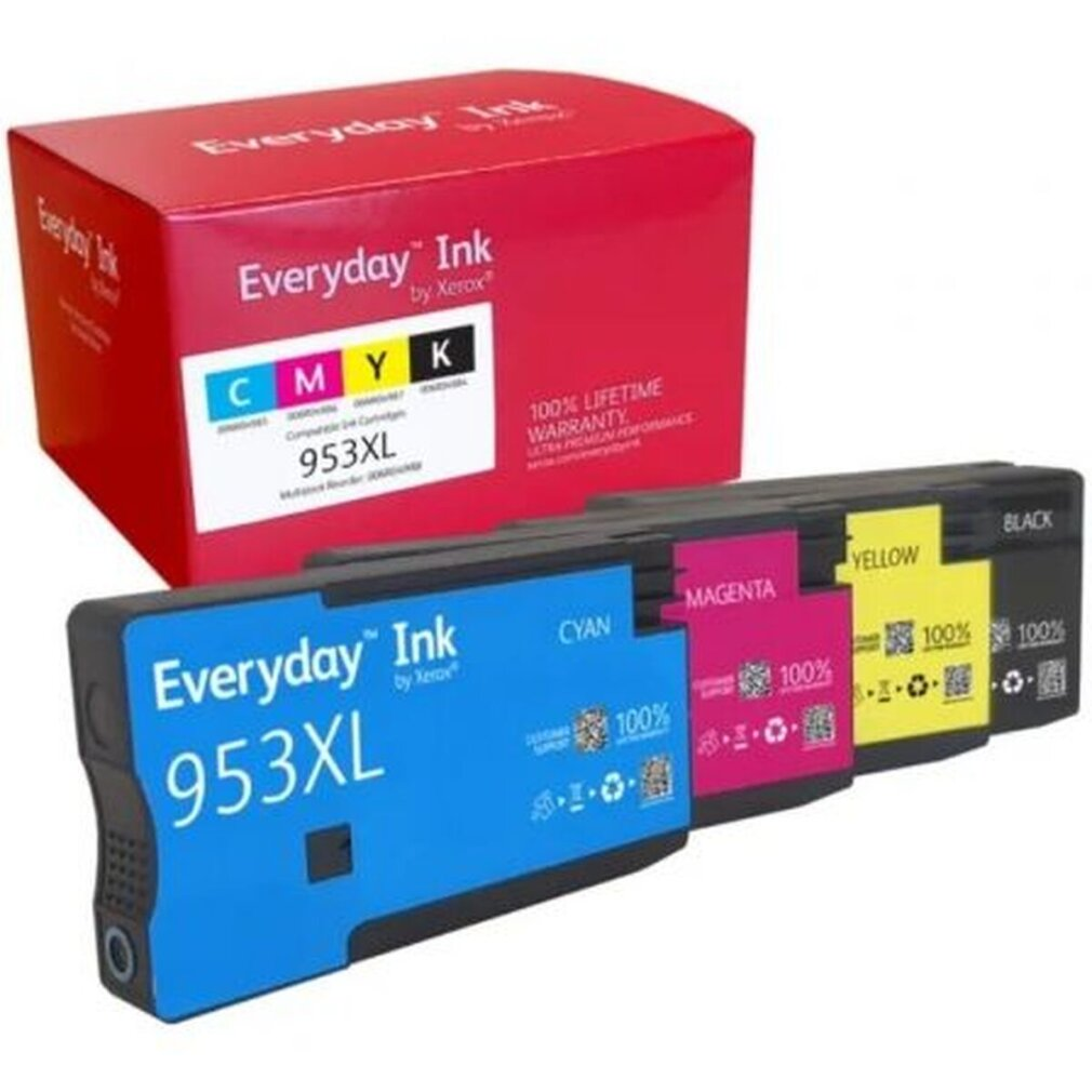 L'immagine mostra cartucce di inchiostro e una scatola. Le cartucce sono ciano, magenta, giallo e nero. La scatola è rossa con il logo 'Everyday Ink'.