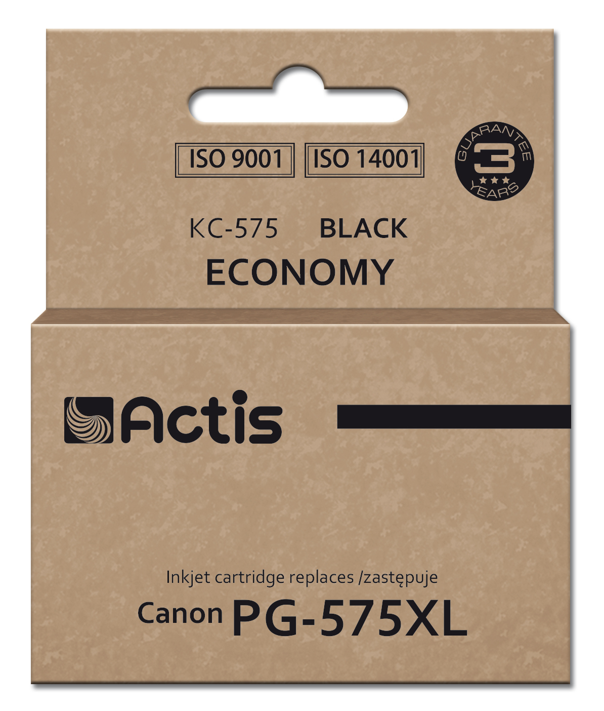 Scatola marrone per cartucce d'inchiostro Actis. Il testo include 'KC-575 BLACK ECONOMY' e 'Canon PG-575XL'. Con etichette ISO e garanzia.