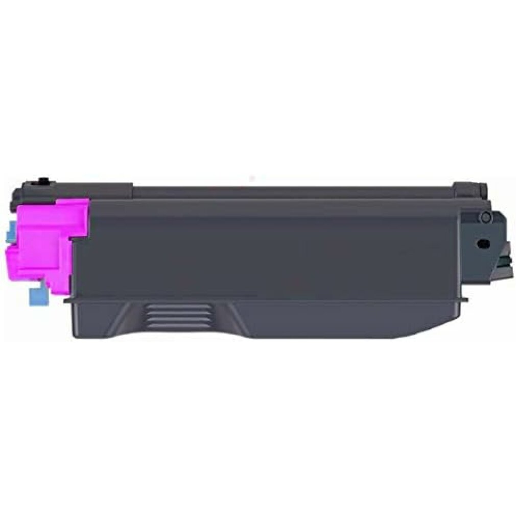 Una cartuccia di toner per stampante. È principalmente grigia con una sezione rosa e blu sul lato sinistro e una sezione grigio scuro sul lato destro.