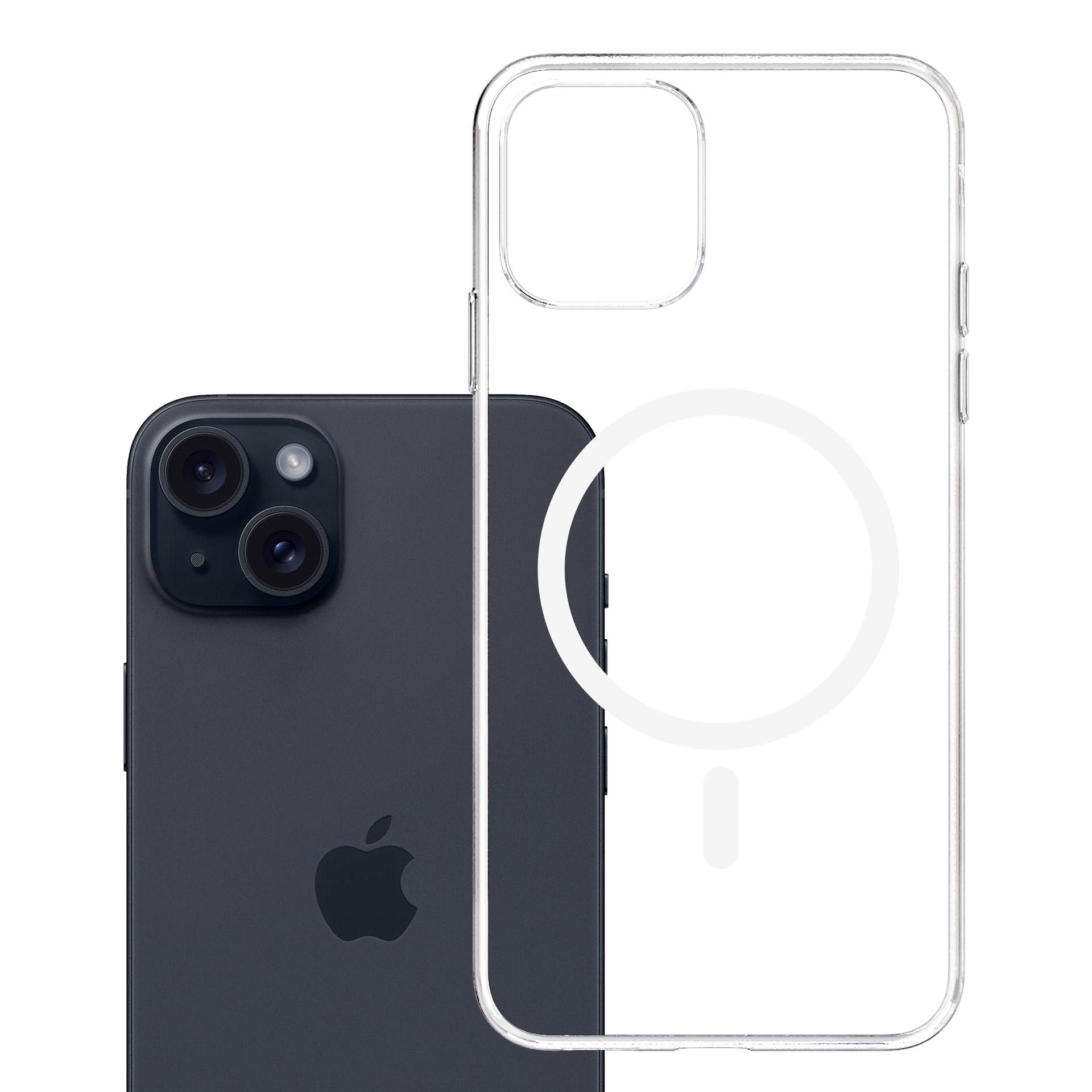 iPhone nero con custodia trasparente. Il telefono ha doppia fotocamera e logo Apple. La custodia delinea il telefono e ha MagSafe.