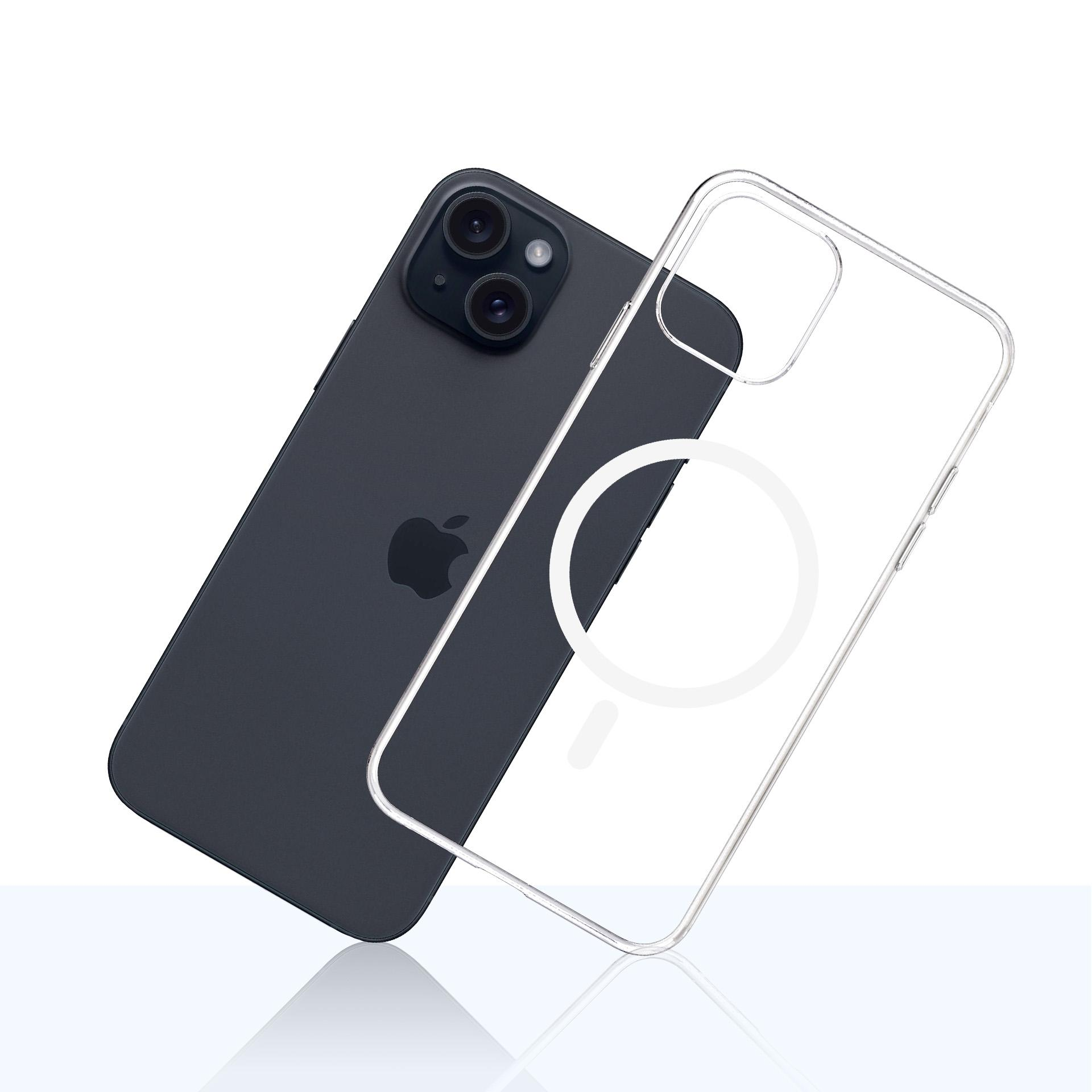 iPhone nero con custodia trasparente. Il telefono è leggermente inclinato. Sfondo bianco.