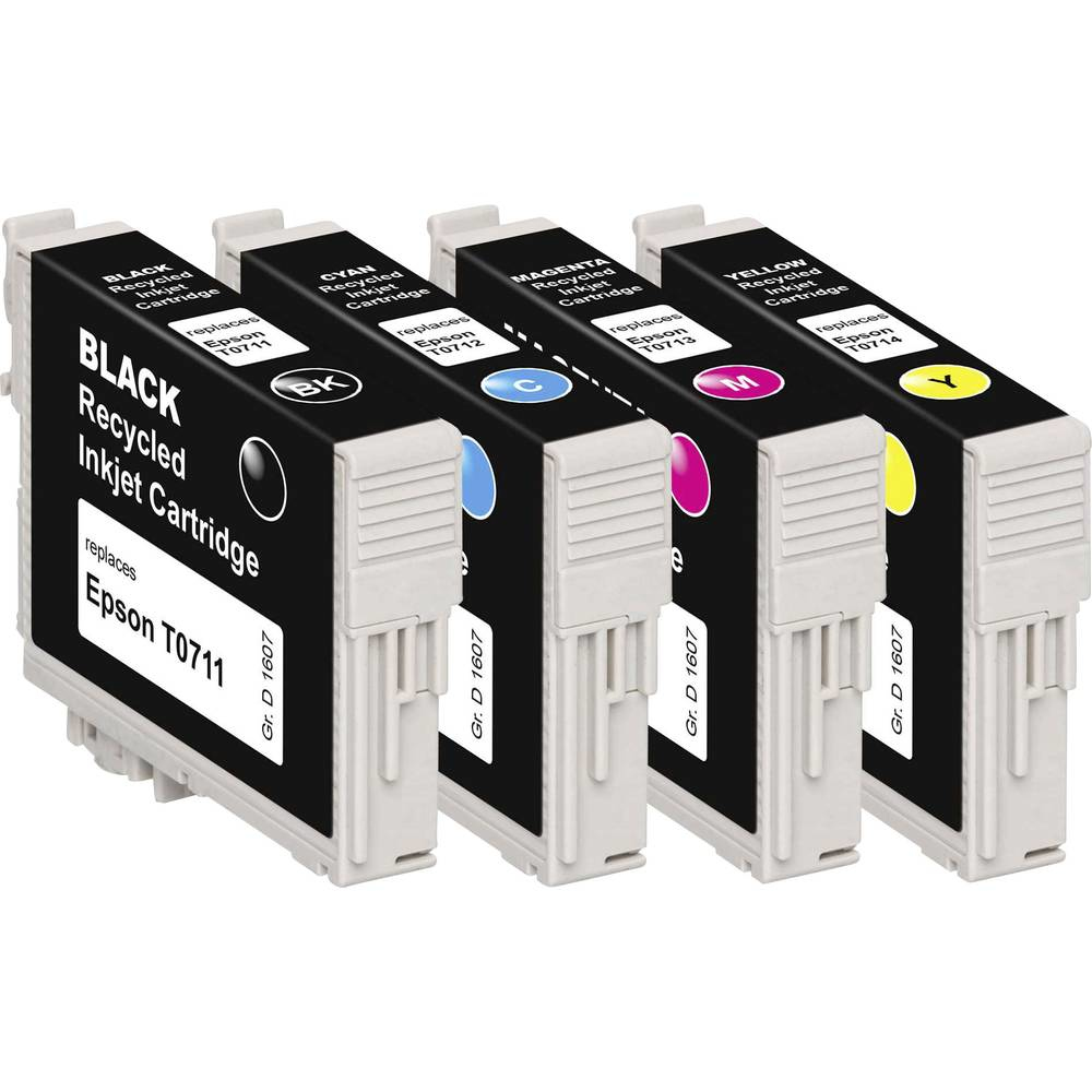 Quattro cartucce d'inchiostro: nero, ciano, magenta e giallo. Ciascuna etichettata con 'Cartuccia a getto d'inchiostro riciclata' e numeri di modello Epson.