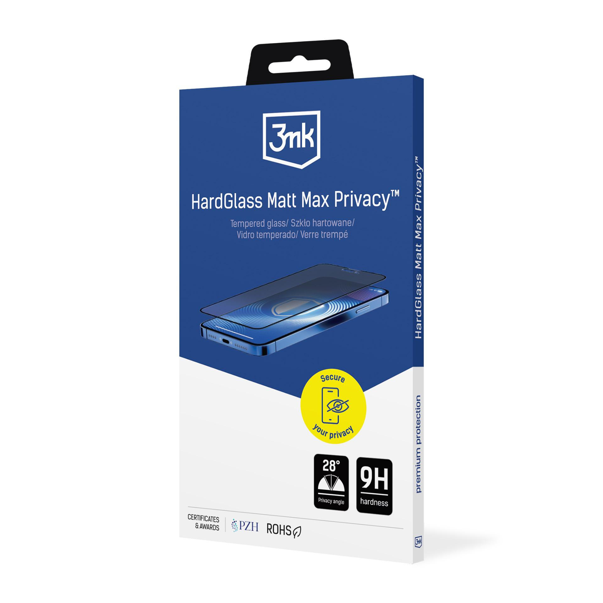 Niebieskie pudełko na ochronę ekranu telefonu. Zawiera zdjęcie telefonu i tekst: HardGlass Matt Max Privacy.