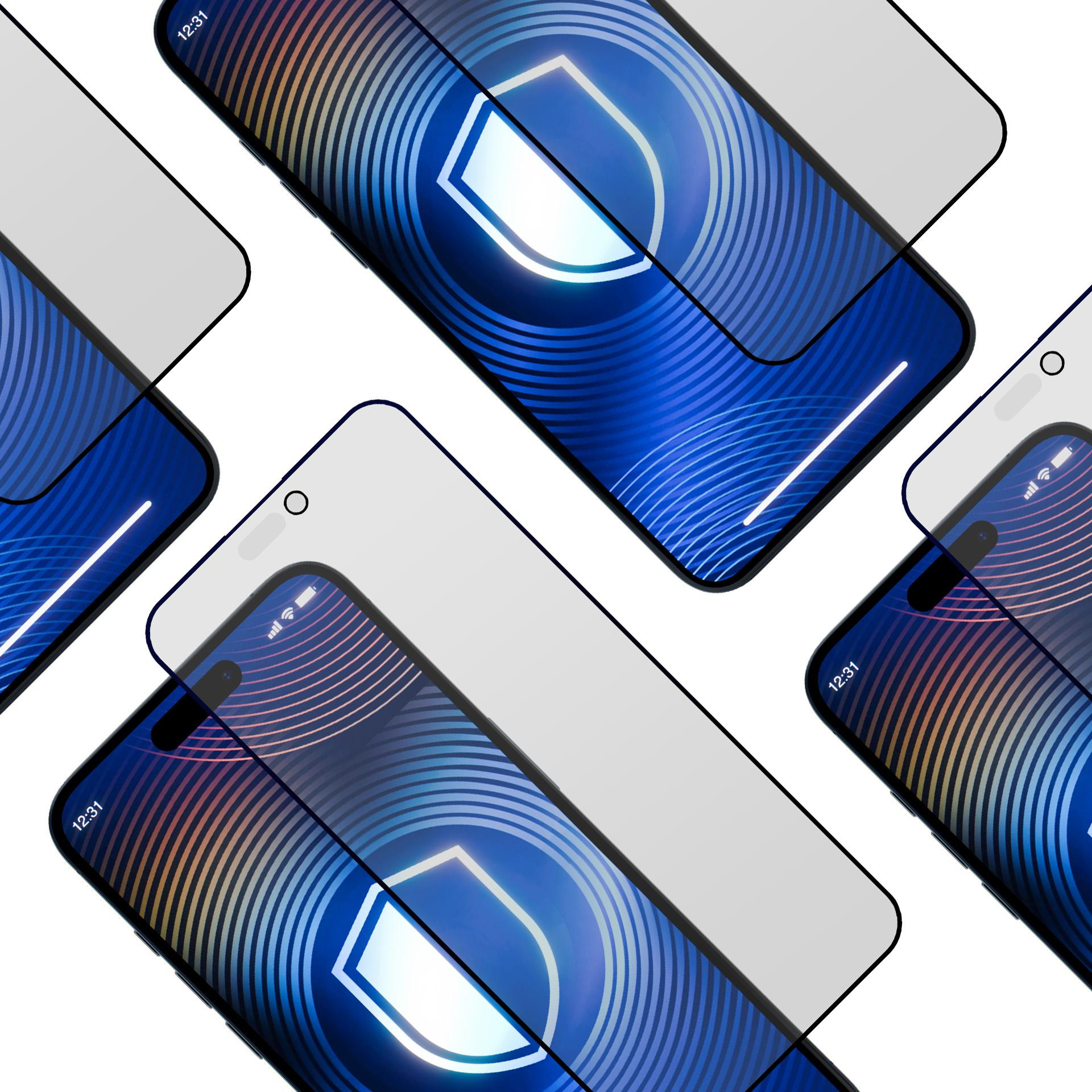 Smartfony z ochraniaczami ekranu. Telefony wyświetlają logo tarczy. Nakładające się szkło i telefony na białym tle.
