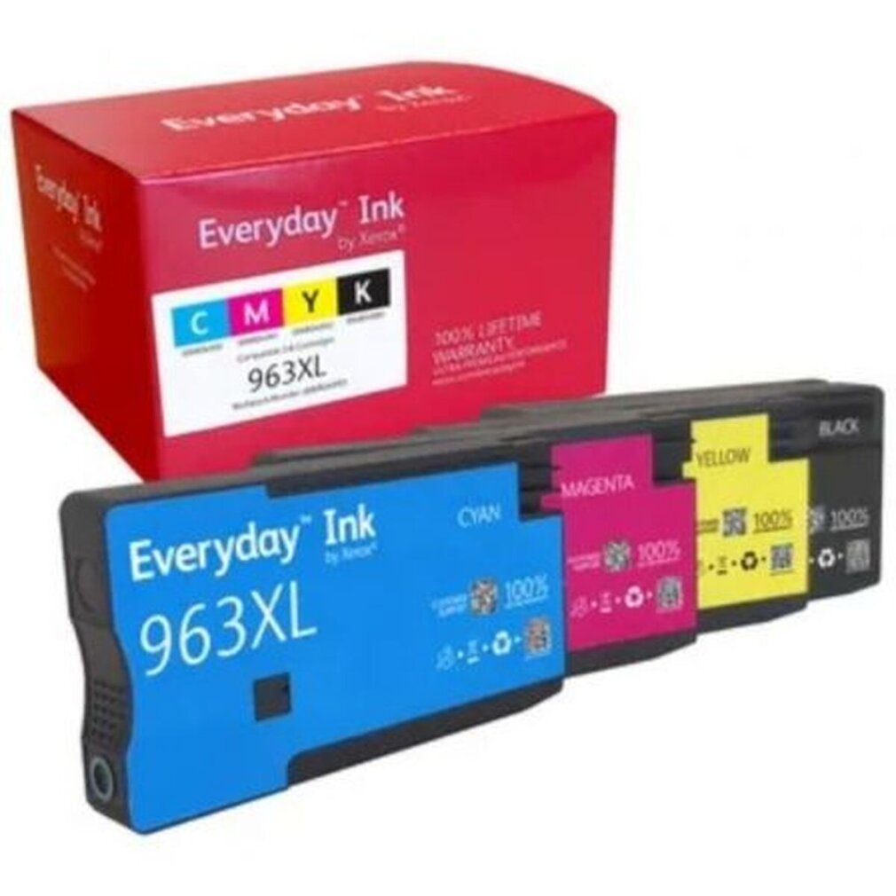 L'immagine mostra cartucce d'inchiostro con una scatola rossa. Le cartucce sono ciano, magenta, giallo e nero. La scatola dice 'Everyday Ink' e '963XL'.