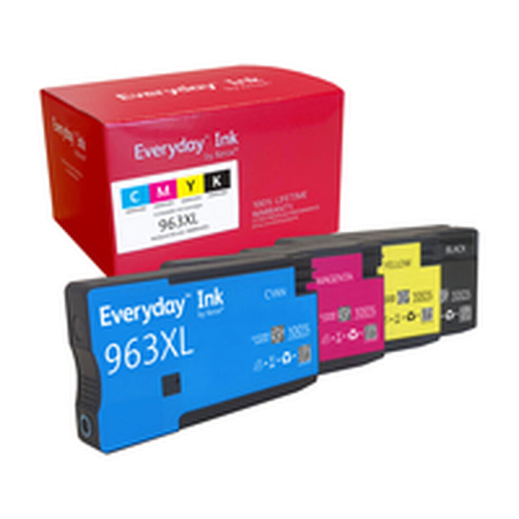 Una scatola rossa di 'Everyday Ink' si trova sopra cartucce d'inchiostro ciano, magenta, giallo e nero. Le cartucce sono etichettate 963XL.