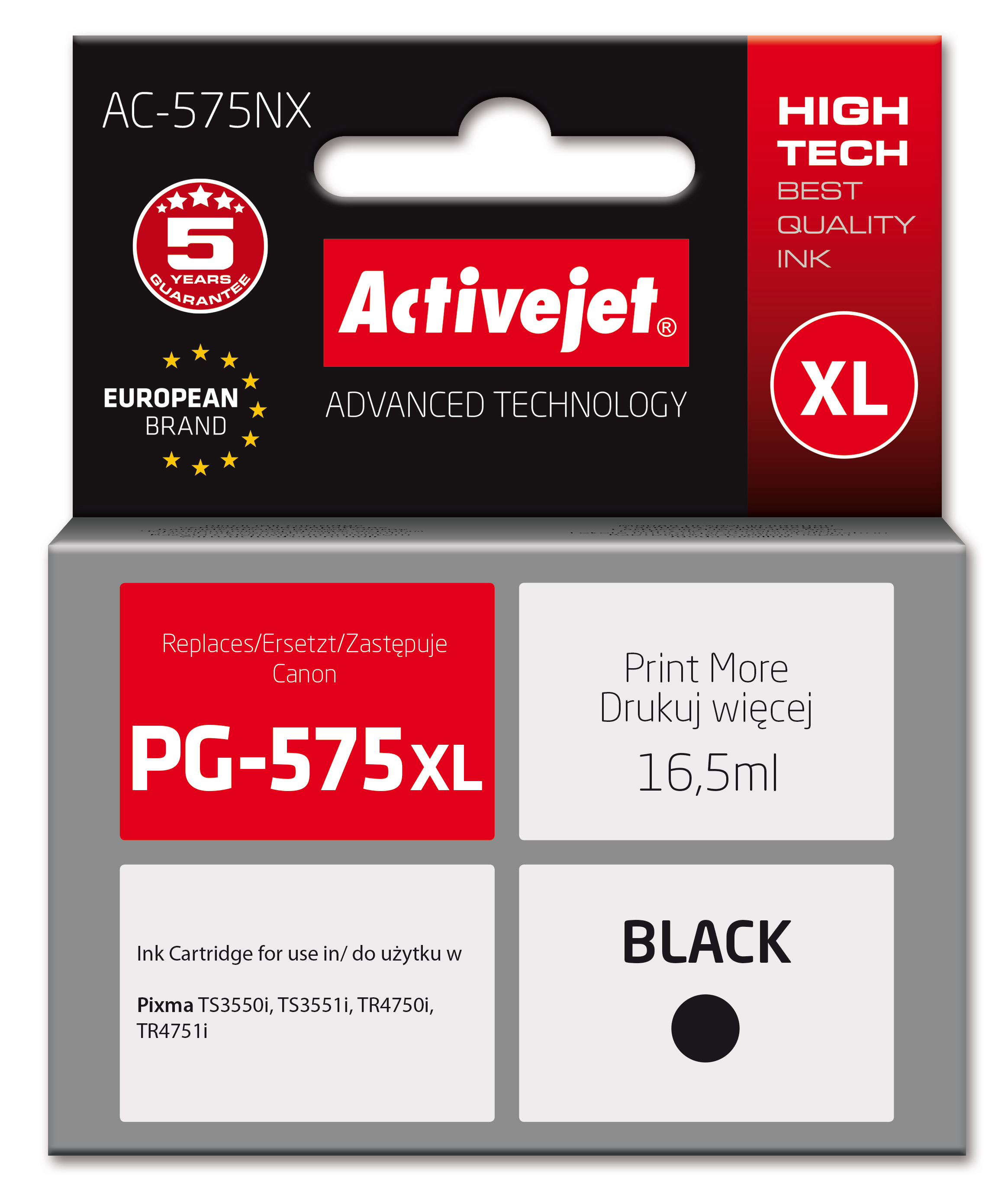 Pudełko z wkładem atramentowym do drukarki z tekstem i logo, w tym 'Activejet', 'PG-575XL' i 'BLACK', z 5-letnią gwarancją.