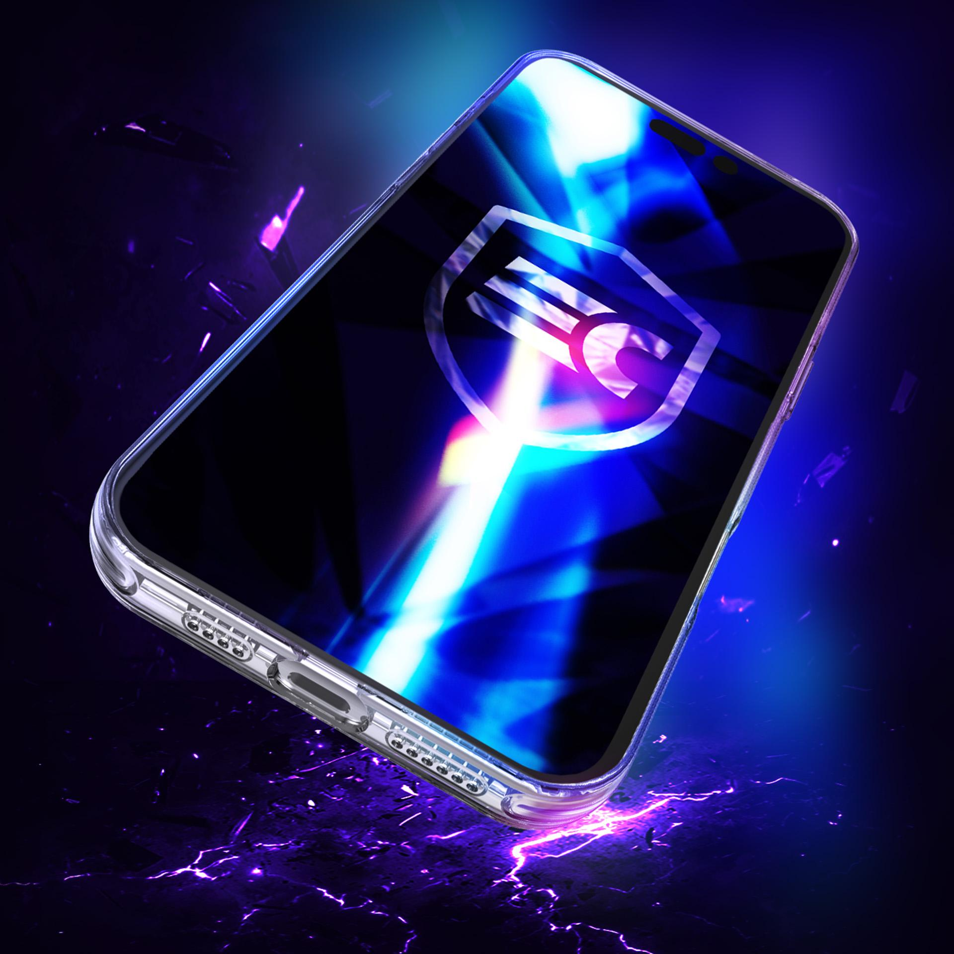 Wyświetlany jest smartfon z przezroczystym etui. Ekran ma logo, a tło to mieszanka niebieskiego i fioletowego.