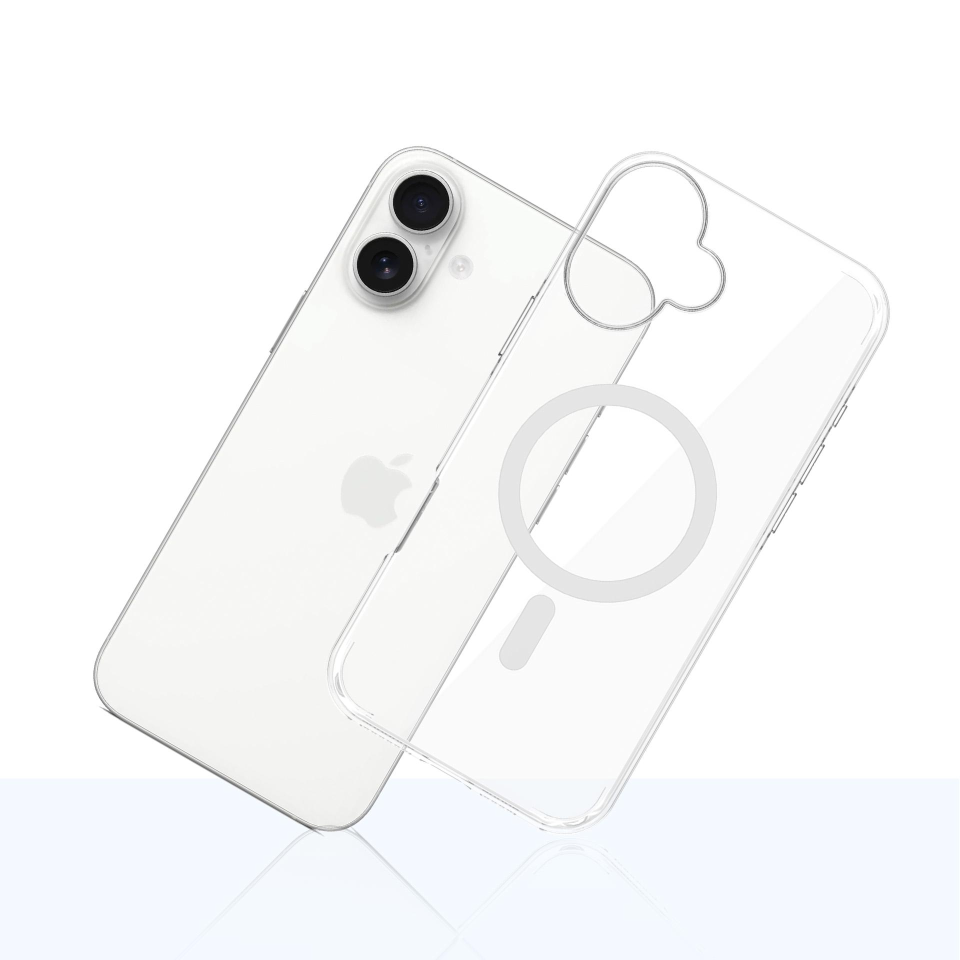 Biały iPhone z przezroczystym etui. Etui ma pierścień MagSafe i osłony przycisków.