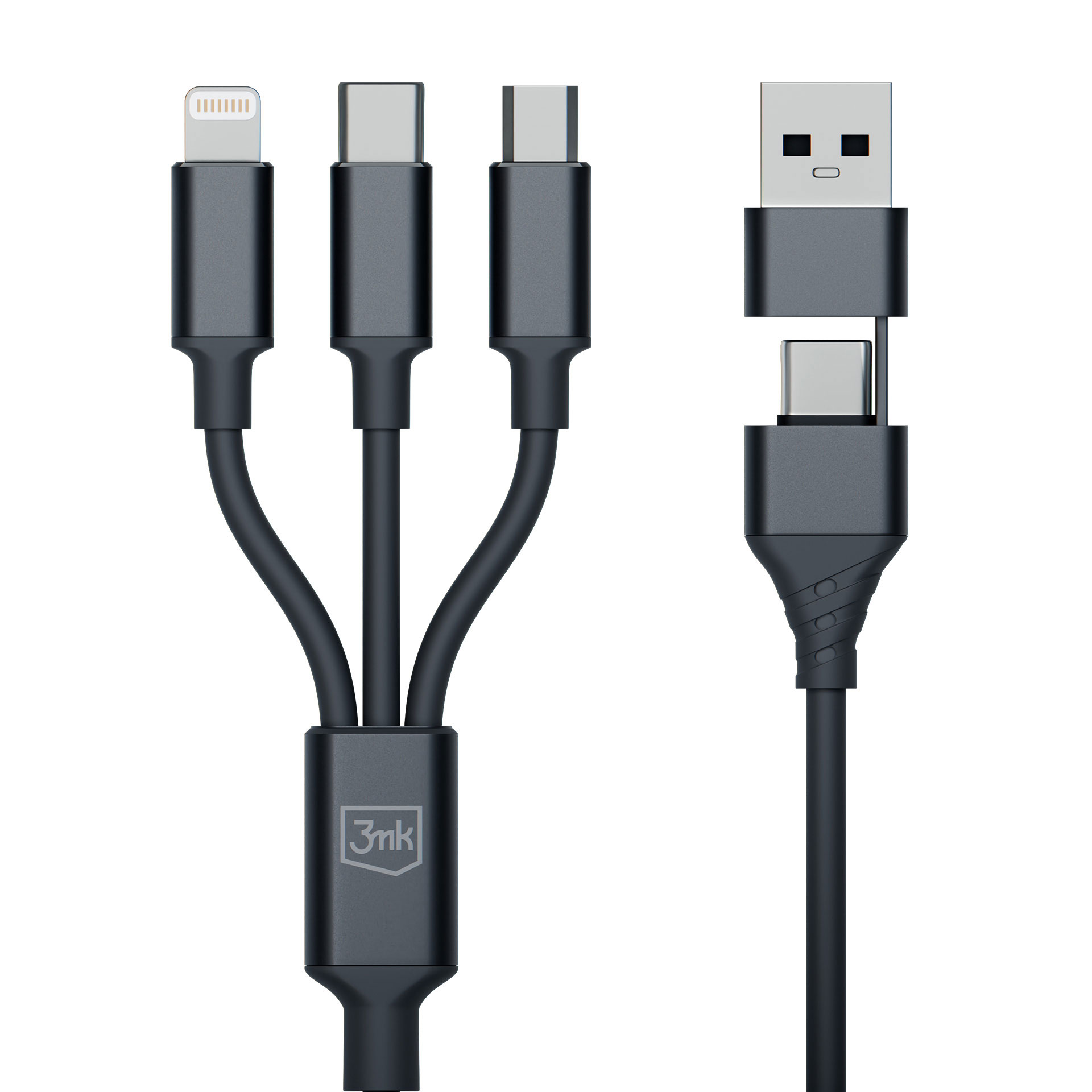 Ciemnoszary kabel ładujący z wieloma złączami: USB, USB-C i Lightning. Tło jest białe.