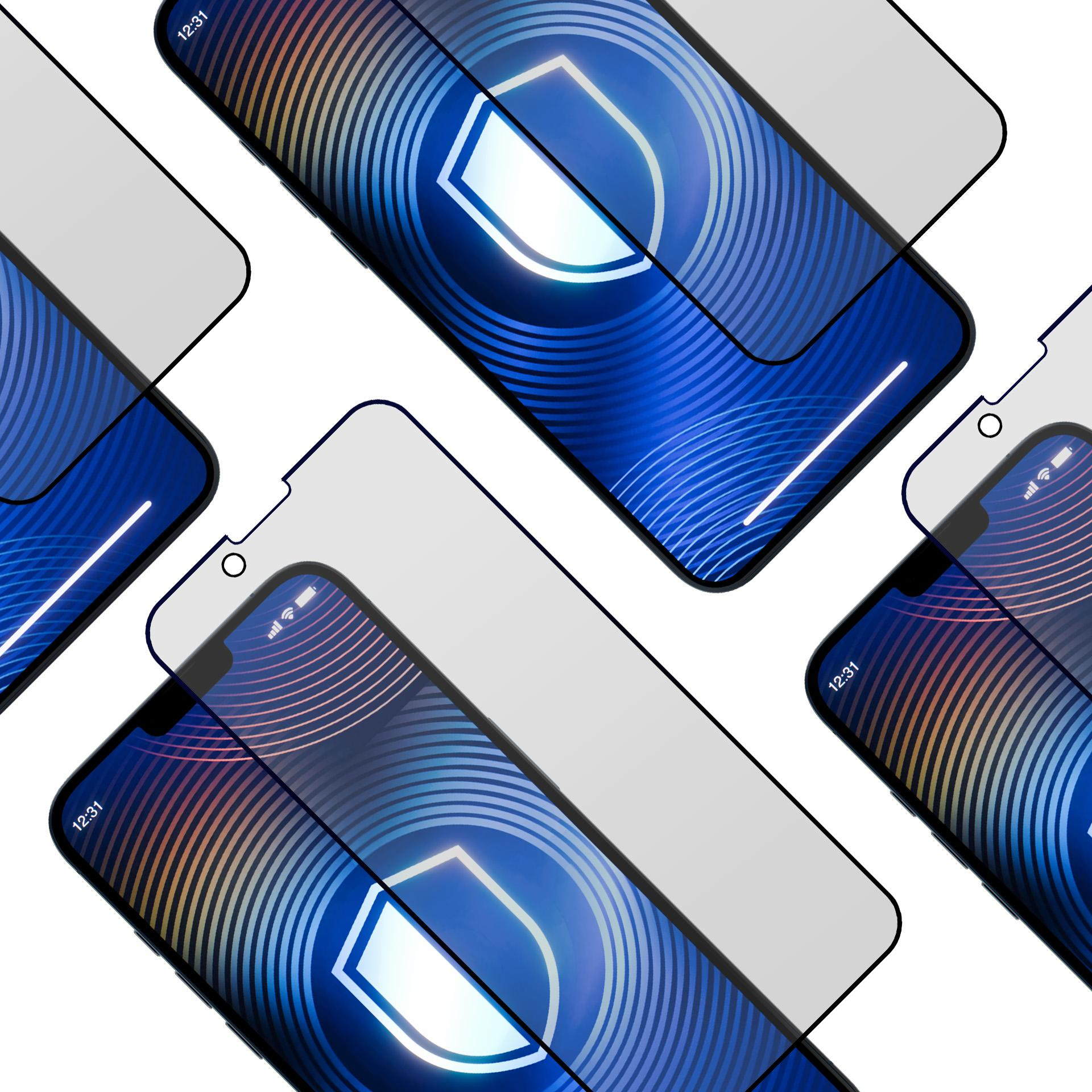 Wiele smartfonów z ochraniaczami ekranu. Ekrany wyświetlają logo tarczy na niebieskim tle. Czas to 12:31.